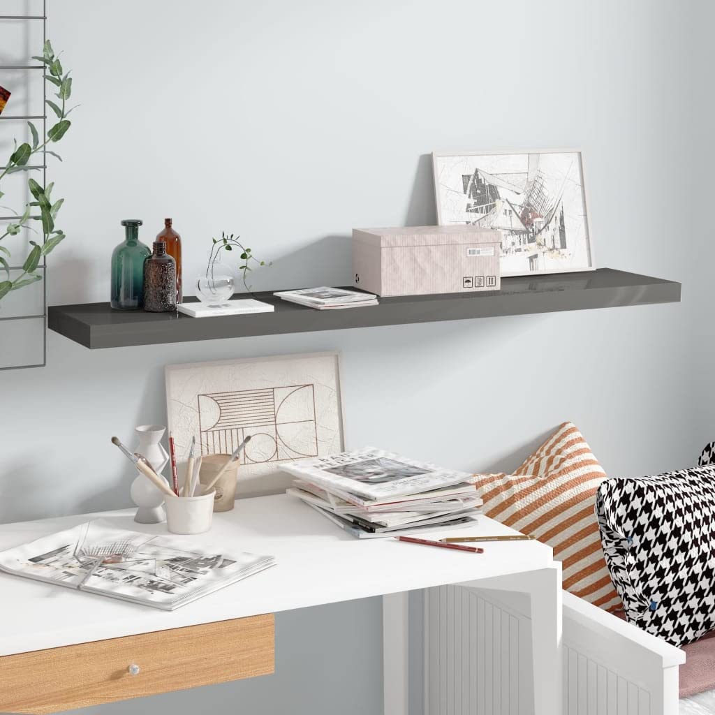 Floating Wall Shelf - Modern Home Decor Display Stand, High Gloss Gray MDF (47.2