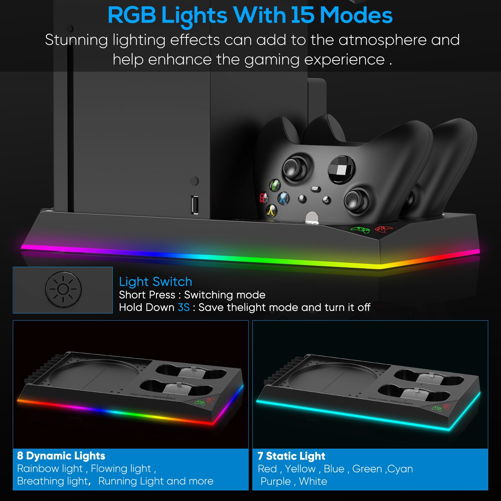 Upgraded Xbox Series X Stand with Cooling Fan & RGB Lights - Charging Station, Controller Dock, Game Storage Rack & Headset Stand - Includes 2X1400mAh Rechargeable Batteries - Perfect for Gaming Setup & Console Organization