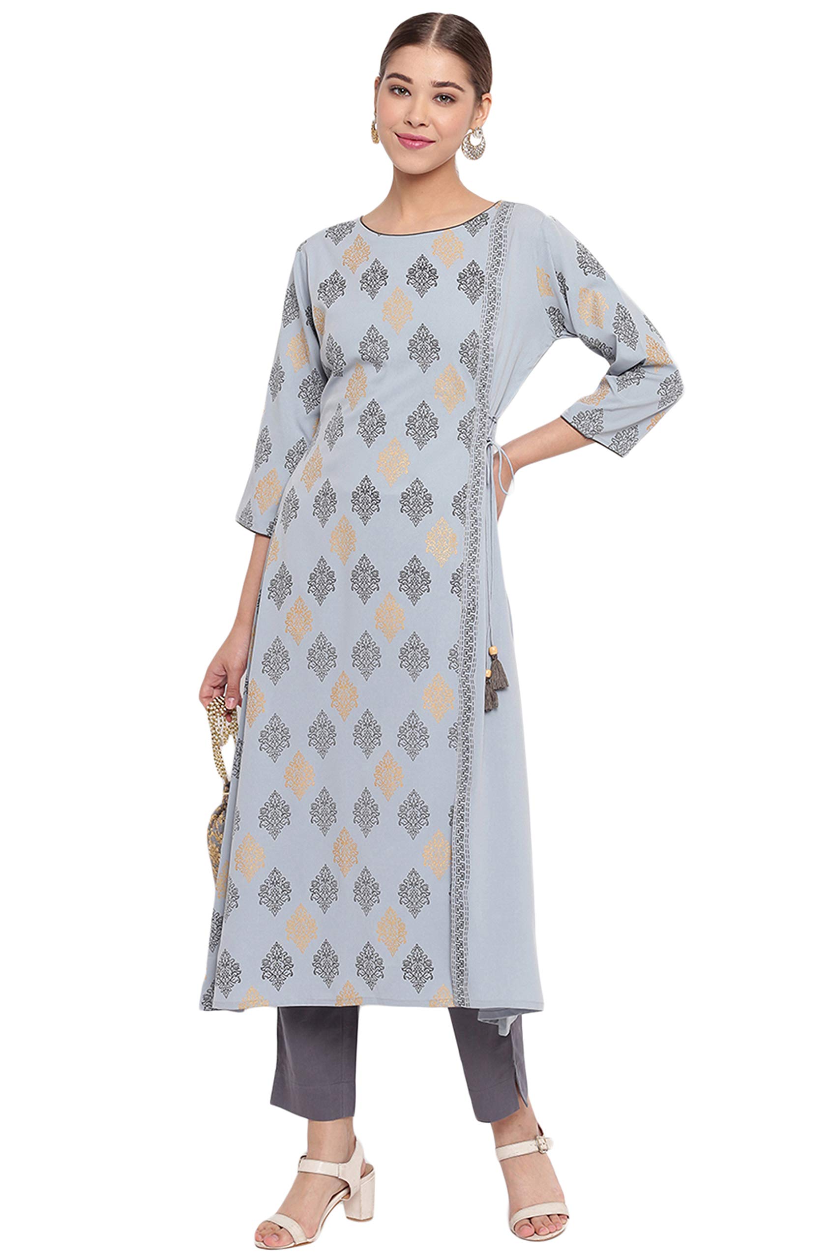 Janasya Women's Powder Blue Poly Crepe Kurta | Indian Ethnic Wear for Festivals, Weddings & Parties | Comfortable Traditional Long Tunic Top