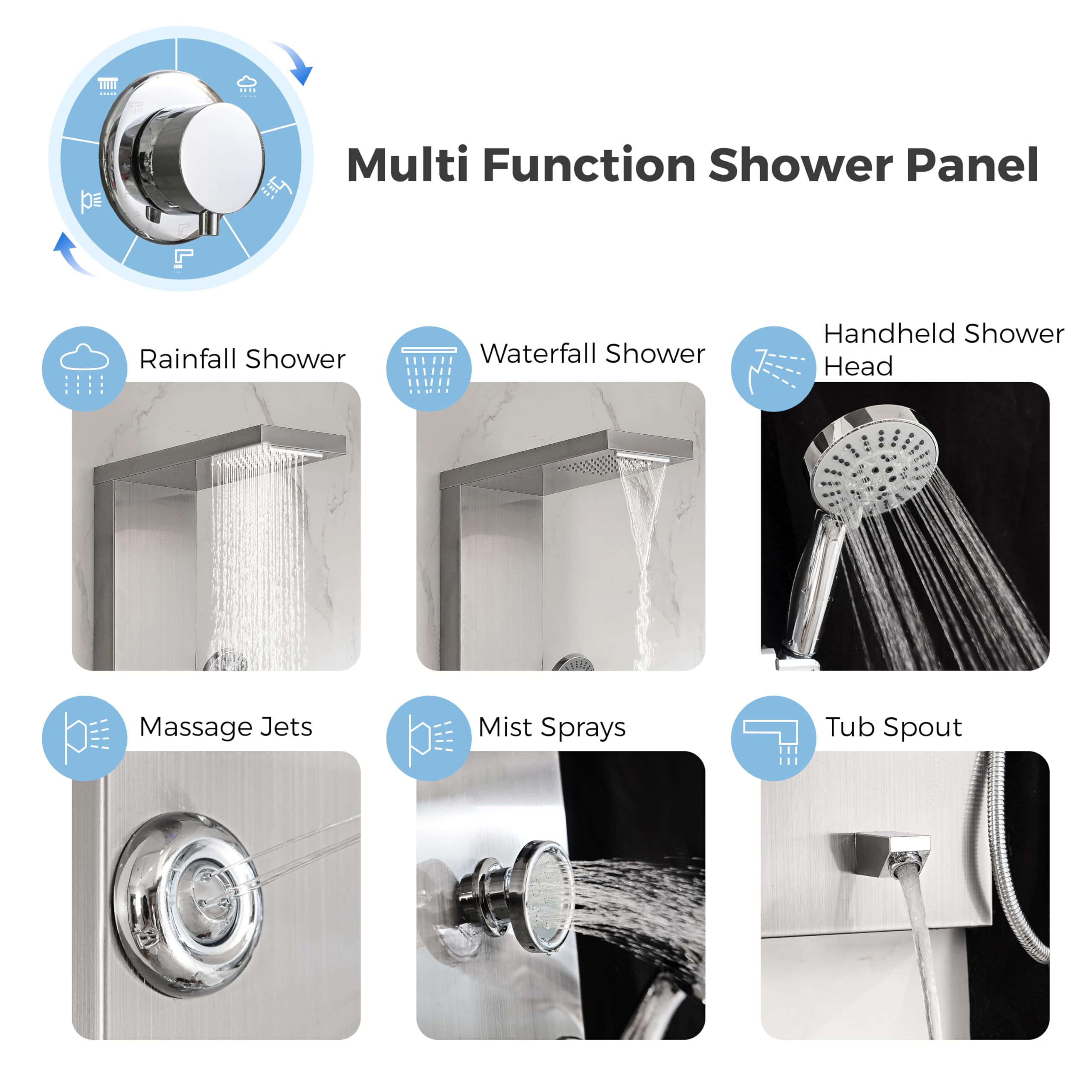 DELAVIN Stainless Steel Shower Panel Tower System - 5-Function Full Body Shower with Rainfall, Waterfall, Massage Jets, Tub Spout & Handheld Showerhead in Brushed Nickel | Perfect for Luxury Bathroom Renovation & Spa-Like Shower Experience