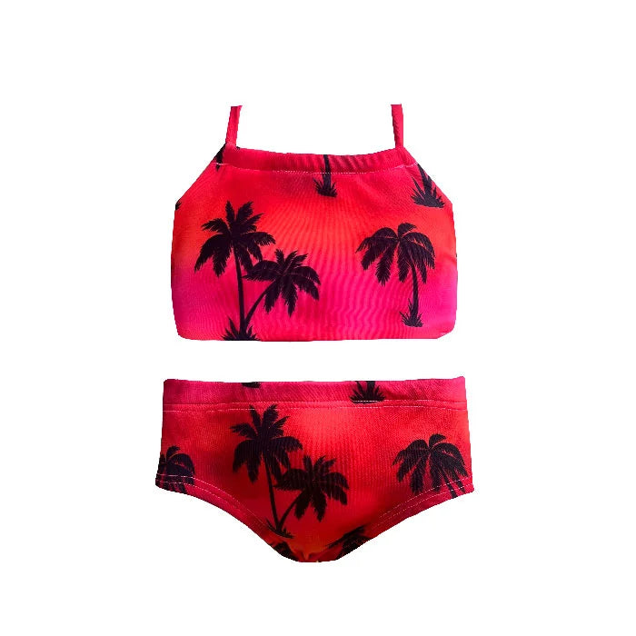Red Tie Dye Coconut Trees Girls Two Piece Swim Set - Trendy Tropical Bikini for Beach Vacations & Pool Parties