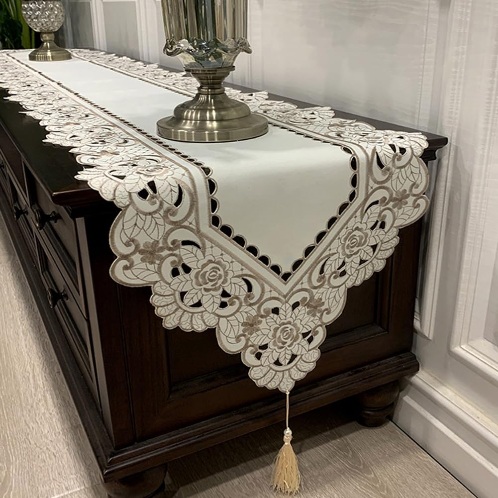 Macrame Table Runners for Party, Cutwork Lace Floral Embroidered Rectangle Table Dresser Scarf, 16x59 Inch, Perfect for Home Dining Room Decor, Wedding, and Holiday Celebrations