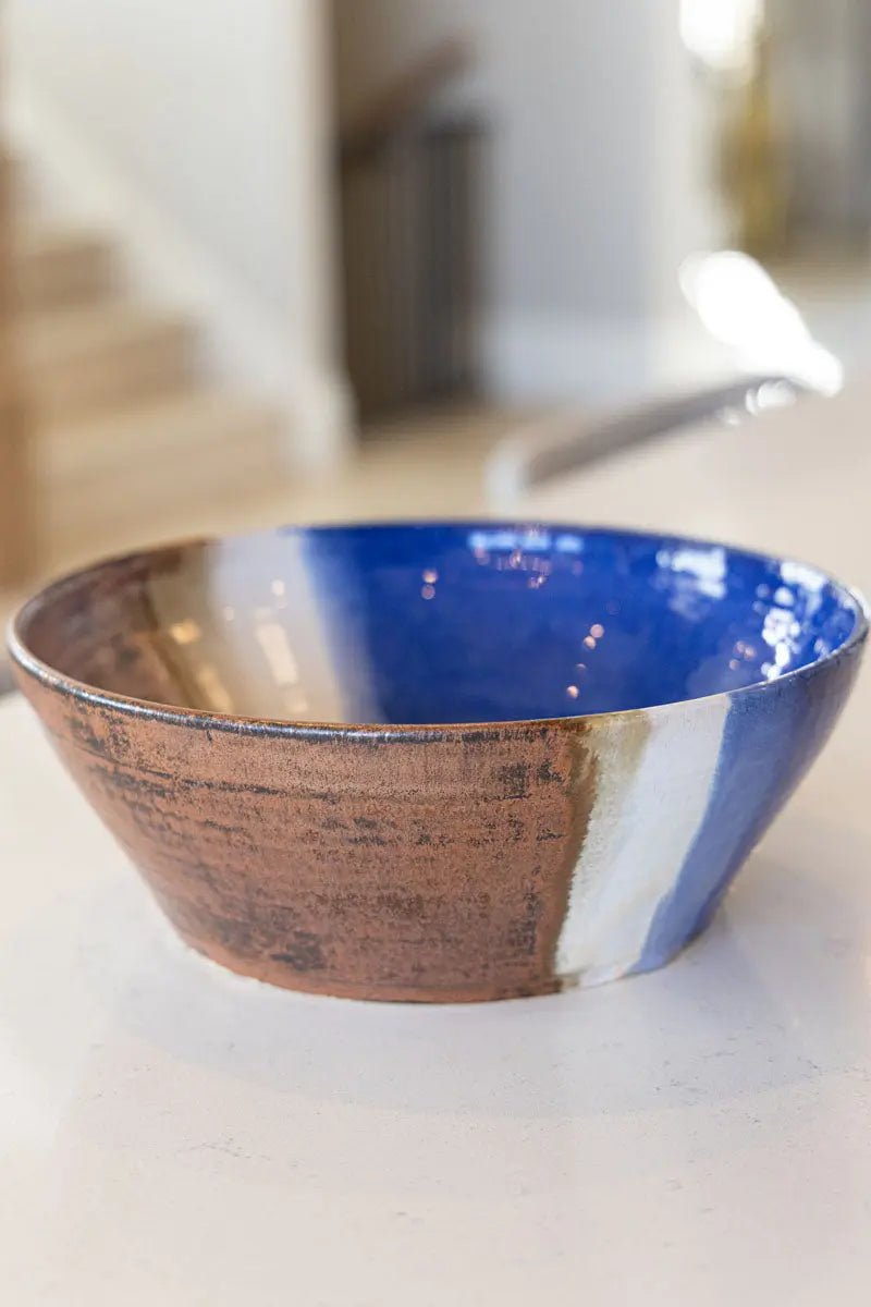 XL Decorative Serving Bowl - Handcrafted Copper Finish with Blue & Cream Accents - Perfect for Entertaining, Dining, and Home Decor