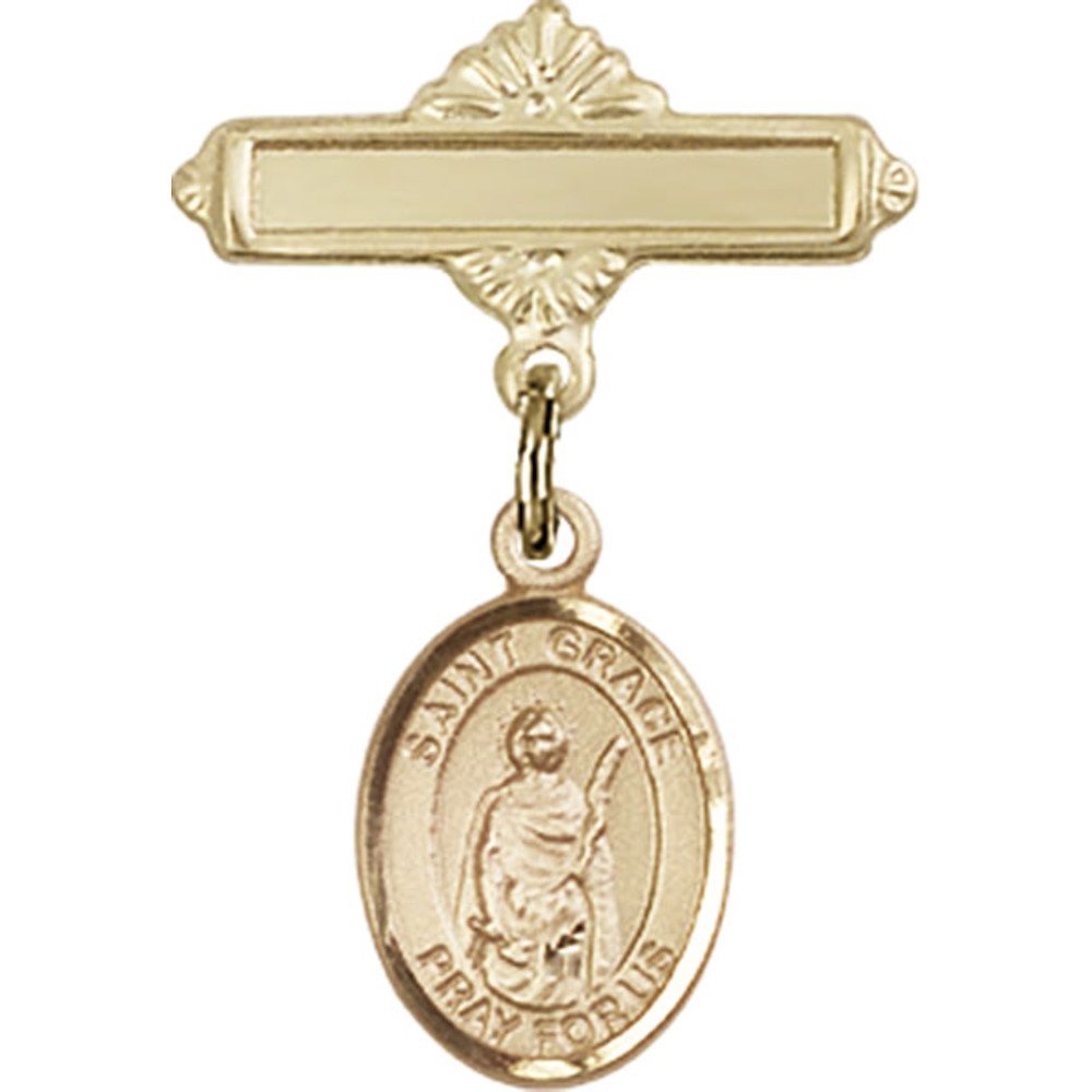 Bonyak Jewelry Gold Filled Saint Grace Medal Charm - 1 X 5/8 Inch Religious Baby Badge with Polished Pin - Perfect for Baptism Gifts, First Communion & Everyday Faith Jewelry