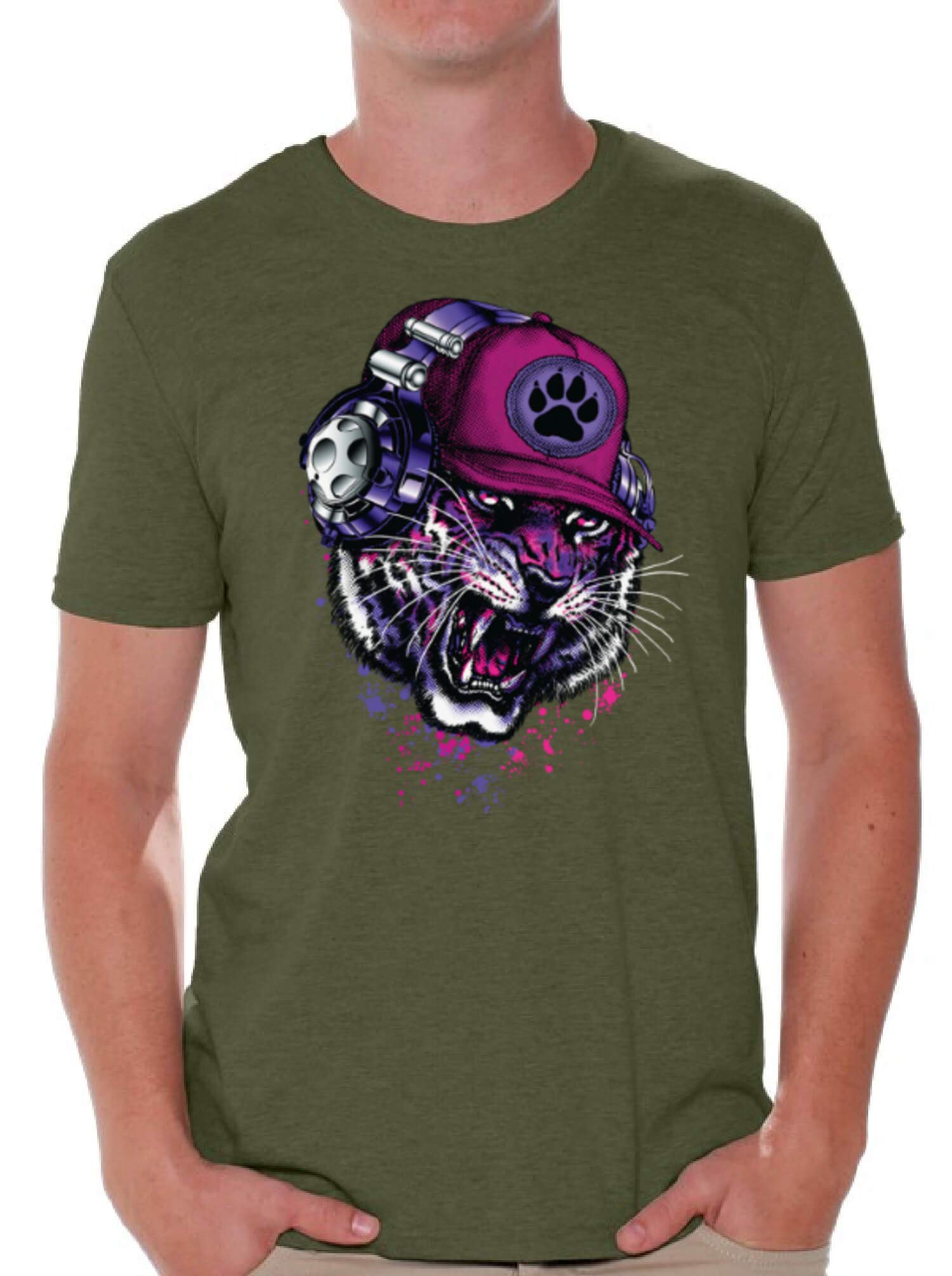 Funny Tiger with Headphones Graphic T-Shirt | Animal Lover Gift for Men & Women | Casual Wear for Music Lovers & Wildlife Enthusiasts