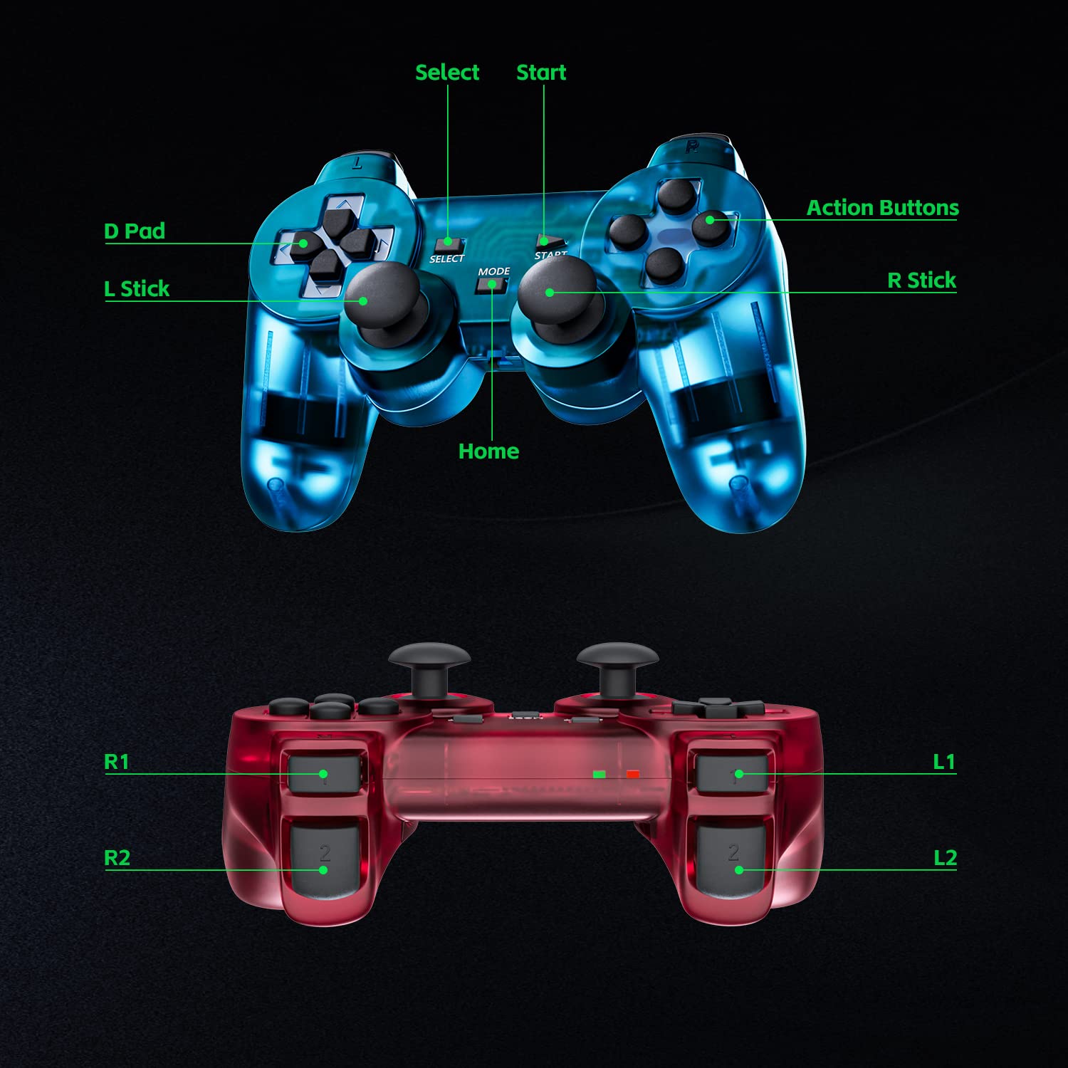 Wireless Controller for PS2 Play Station 2 - Dual Vibration Gamepad with Clear Green & Purple Colors | Compatible with PS2 Consoles | Perfect for Gaming, Retro Play & Multiplayer Sessions