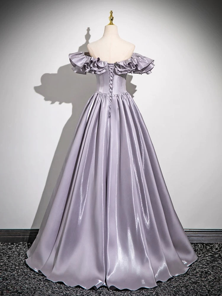 Elegant A-Line Off Shoulder Satin Gray Long Prom Dress - Formal Evening Gown for Homecoming, Wedding & Special Occasions