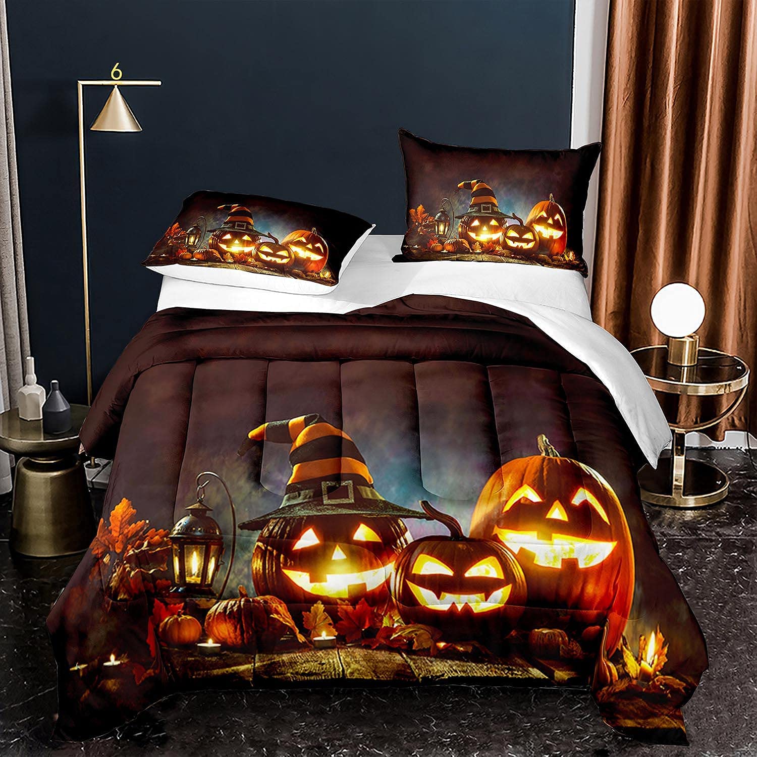 Halloween Comforter Set for Twin Bed - Pumpkin & Lantern Print Lightweight Bedding (1 Comforter + 1 Pillow Sham) - Perfect for Kids' Rooms, Dorm Decor & Spooky Seasonal Bedding