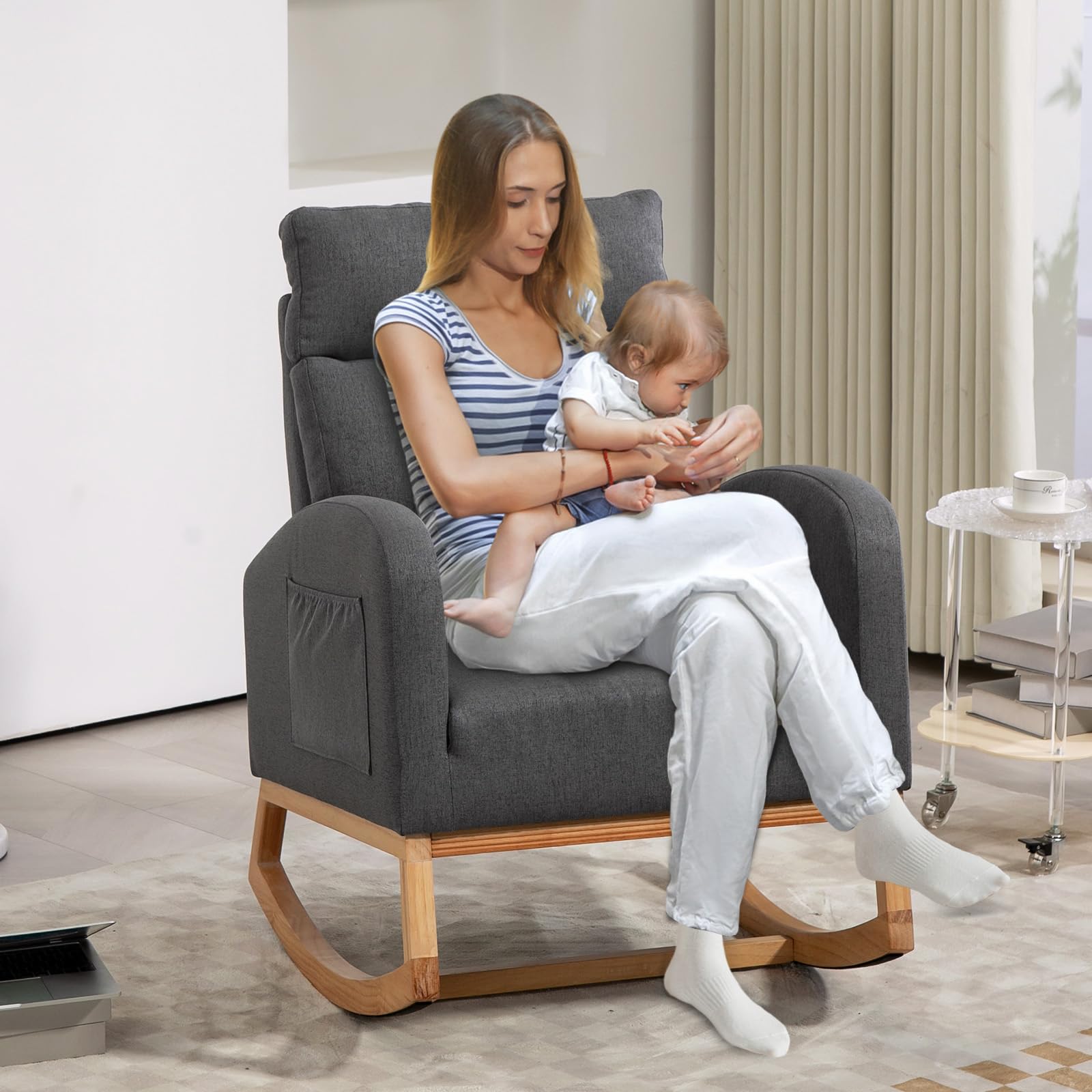 Nursery Glider Rocking Chair with High Backrest & Side Pockets - Upholstered Rubber Wood Rocker for Baby Nursery, Living Room & Bedroom - Dark Gray - Perfect for Breastfeeding, Reading & Relaxing