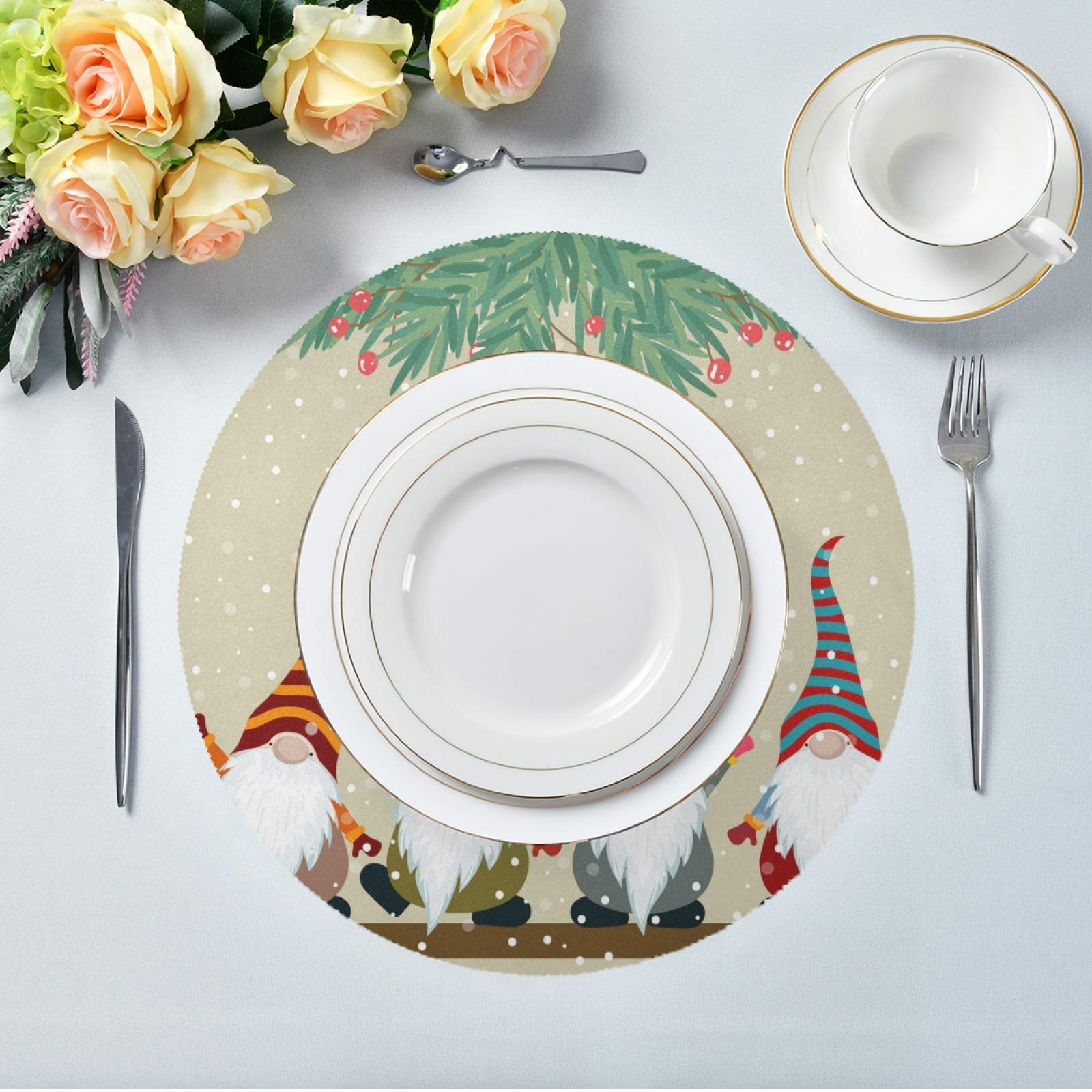 Festive Gnome Christmas Round Placemats Set of 6 - Non-Slip Heat Resistant Washable Dining Table Mats for Holiday Decor & Family Gatherings