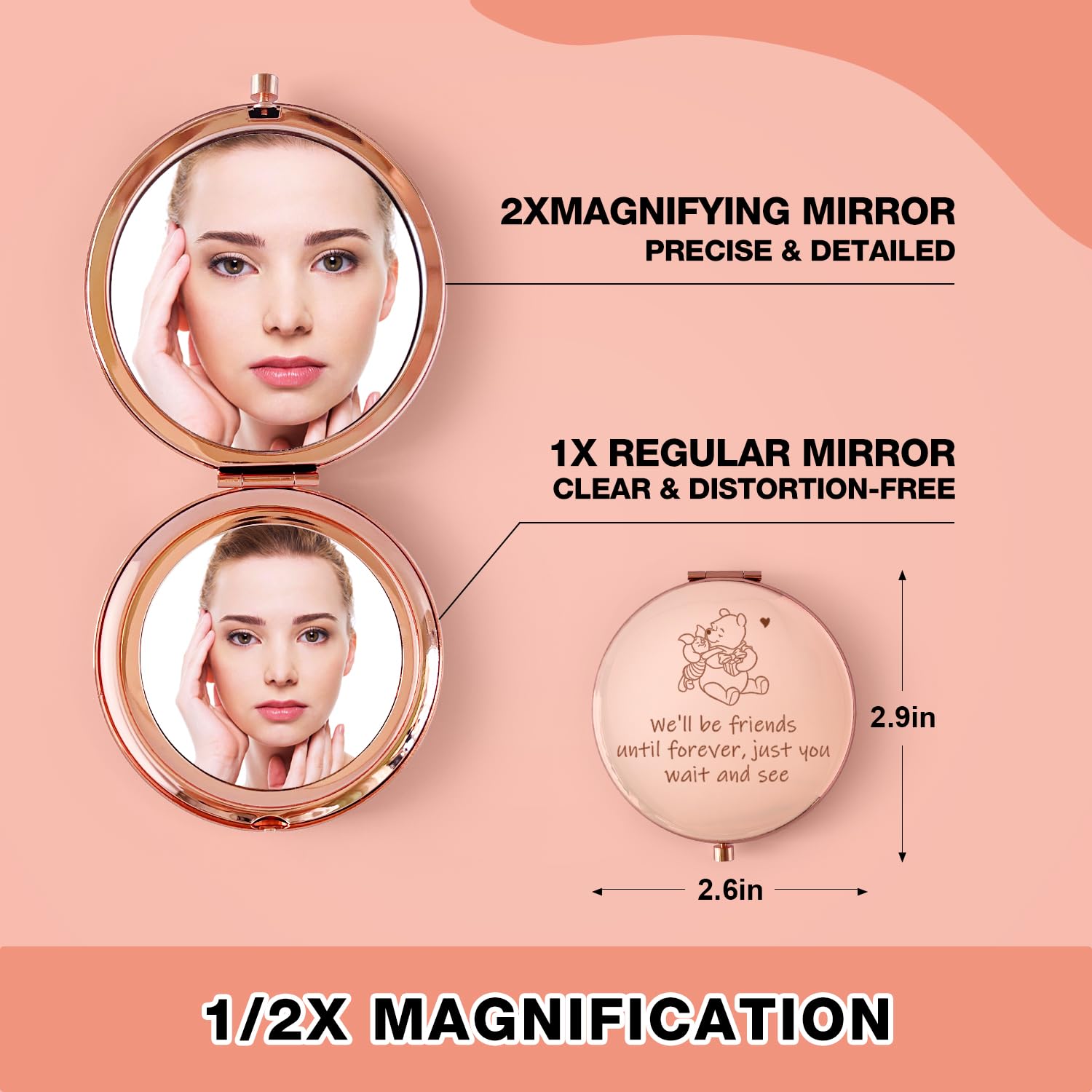 Best Friendship Travel Compact Pocket Makeup Mirror - Cute Gifts for Women, Best Friend Christmas Birthday Present - Perfect for Travel, Home & Office Use