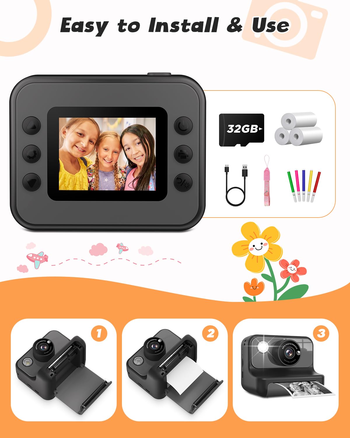 **Instant Print Camera for Kids - 1080P HD Video & Photo Printing Toy, Best Christmas Birthday Gift for Girls Boys Age 3-12 (Black) - Perfect for Parties, Travel & Creative Play**