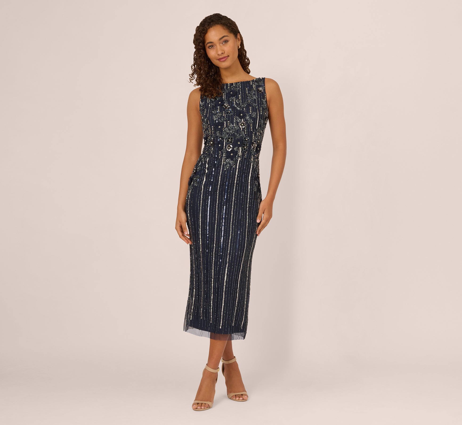 Elegant Sleeveless 3D Beaded Navy Gunmetal Maxi Dress for Women | Formal Evening Gown for Prom, Wedding & Special Occasions