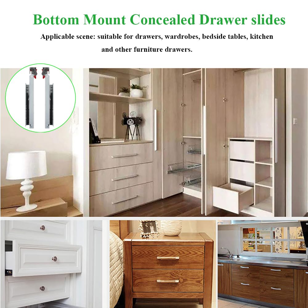 6 Pairs 22 Inch Soft Close Undermount Drawer Slides - Full Extension Bottom Mount Drawer Glides Rails for Kitchen Cabinets, Dressers & Furniture Installation