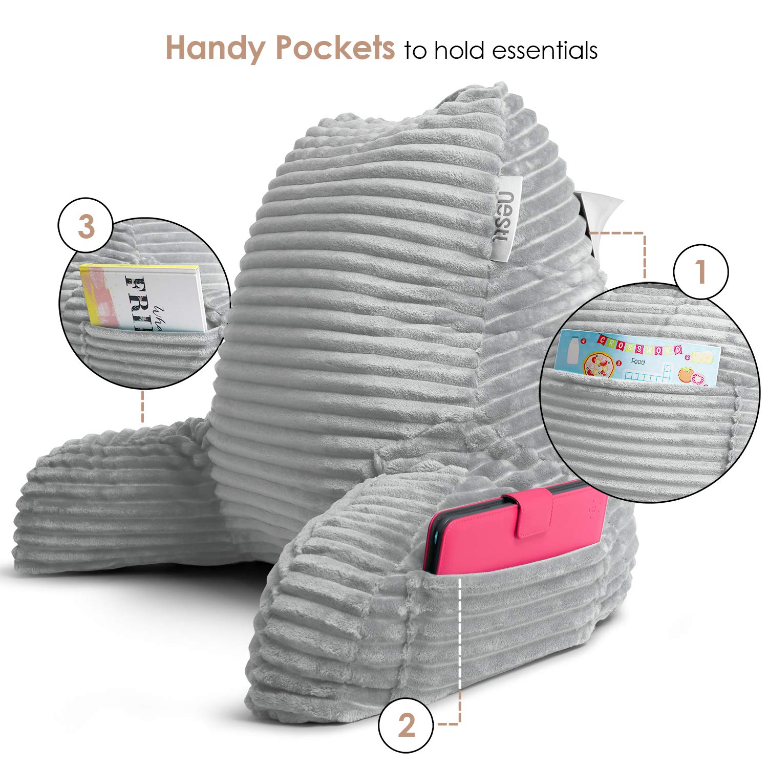 Nestl Reading Pillow for Adults - Plush Back Support Pillow with Shredded Memory Foam, Armrests & Pockets - Perfect for Sitting Up in Bed, Reading, Watching TV, or Relaxing - Silver Bed Rest Pillow