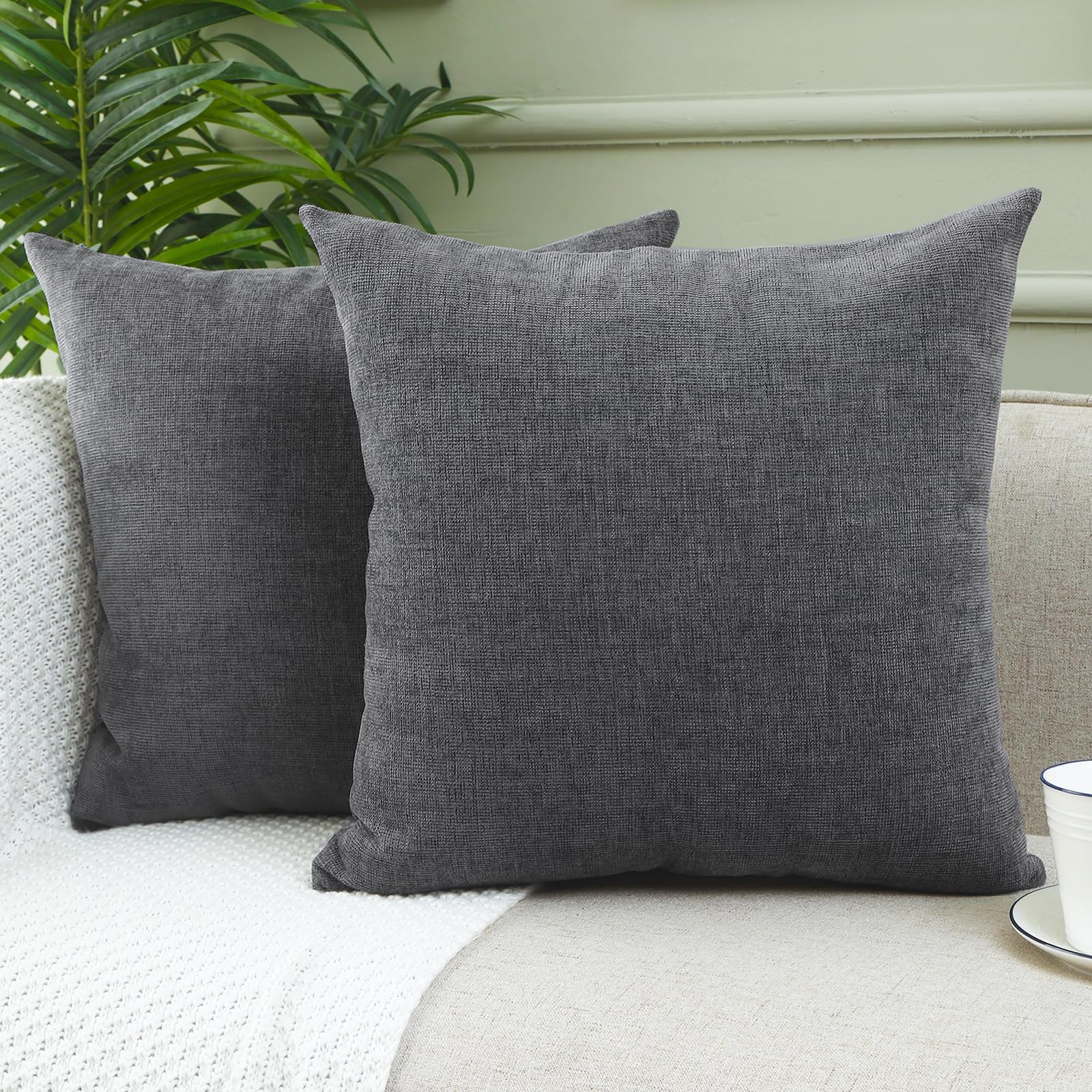 Jepeak Pack of 2 Chenille Decorative Throw Pillow Covers 20x20 Inch - Soft Modern Farmhouse Square Cushion Covers for Sofa, Couch, Bed - Cozy Home Decor in Dimgrey - Perfect for Living Room, Bedroom & Seasonal Decor