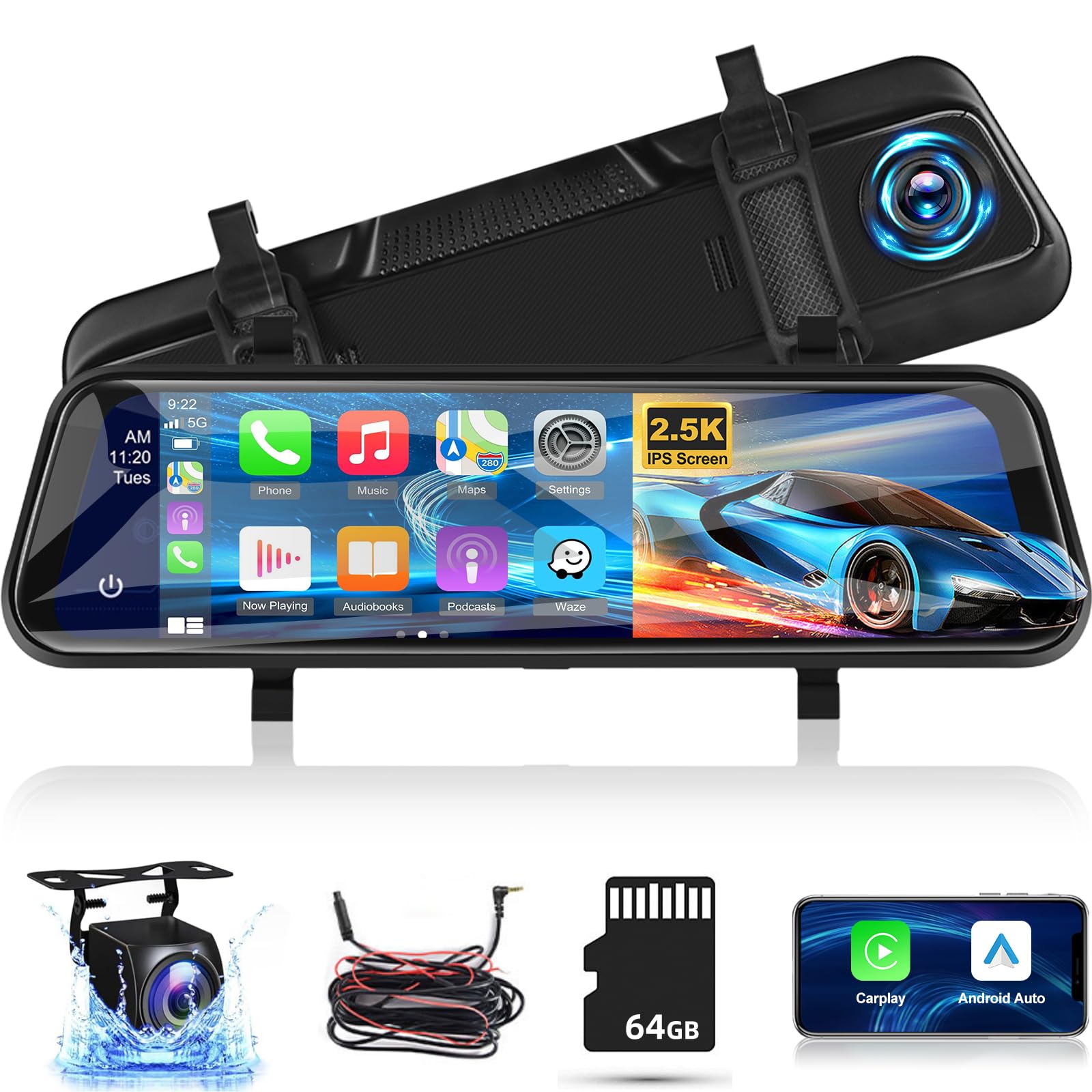 9.66 Inch Wireless Rear View Mirror Camera with Apple CarPlay & Android Auto - 1280x720P Front & 1080P Rear Dual Dash Cam - Night Vision, Voice Control, Backup Camera + 64GB TF Card - Perfect for Cars, Trucks & SUVs