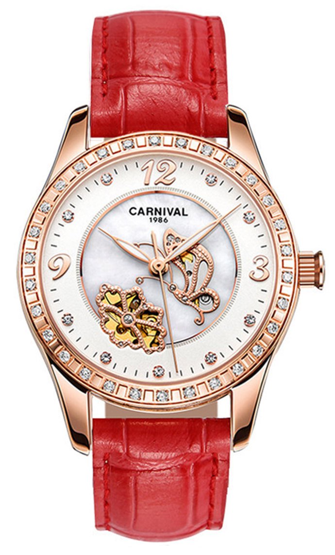 MASTOP Women's Automatic Mechanical Watch with Diamond Butterfly Dial & Genuine Leather Strap - Luminous Skeleton Watch for Business, Party & Everyday Wear