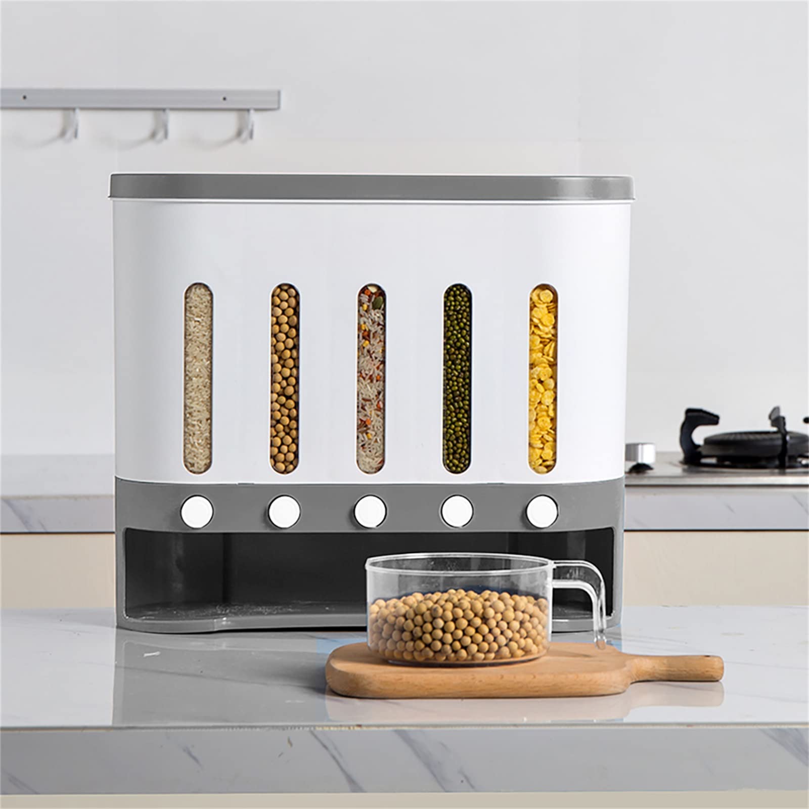 Gdrasuya10 Wall Mounted Dry Food Dispenser - 5 Grid 10L Grain Storage Container for Kitchen & Pantry Organization | Perfect for Rice, Cereal, Pasta & Pet Food Storage