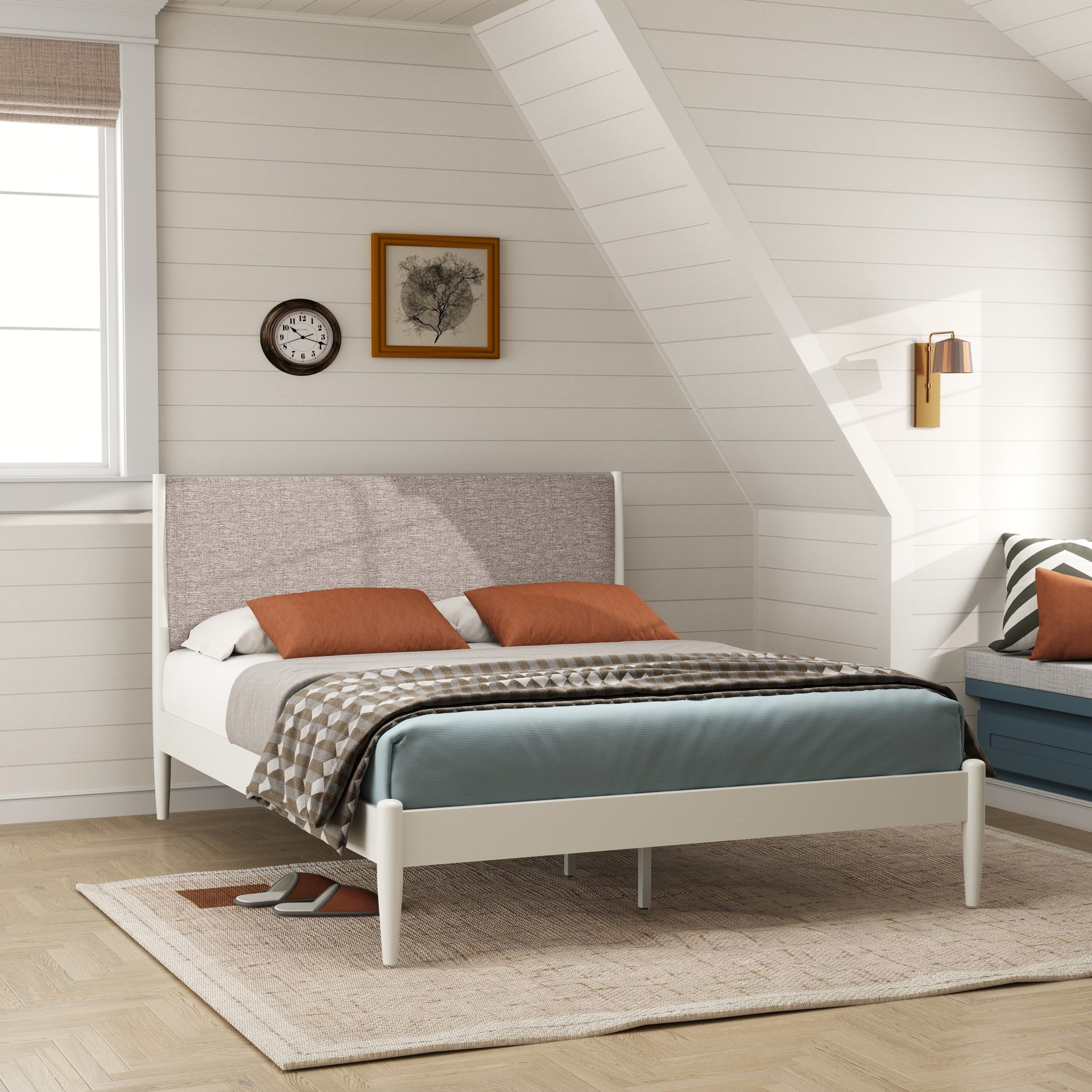 Roundhill Furniture Feeney 2-Piece Queen Bedroom Set - Cream White Platform Bed with Nightstand | Modern Minimalist Bedroom Decor for Small Spaces & Guest Rooms