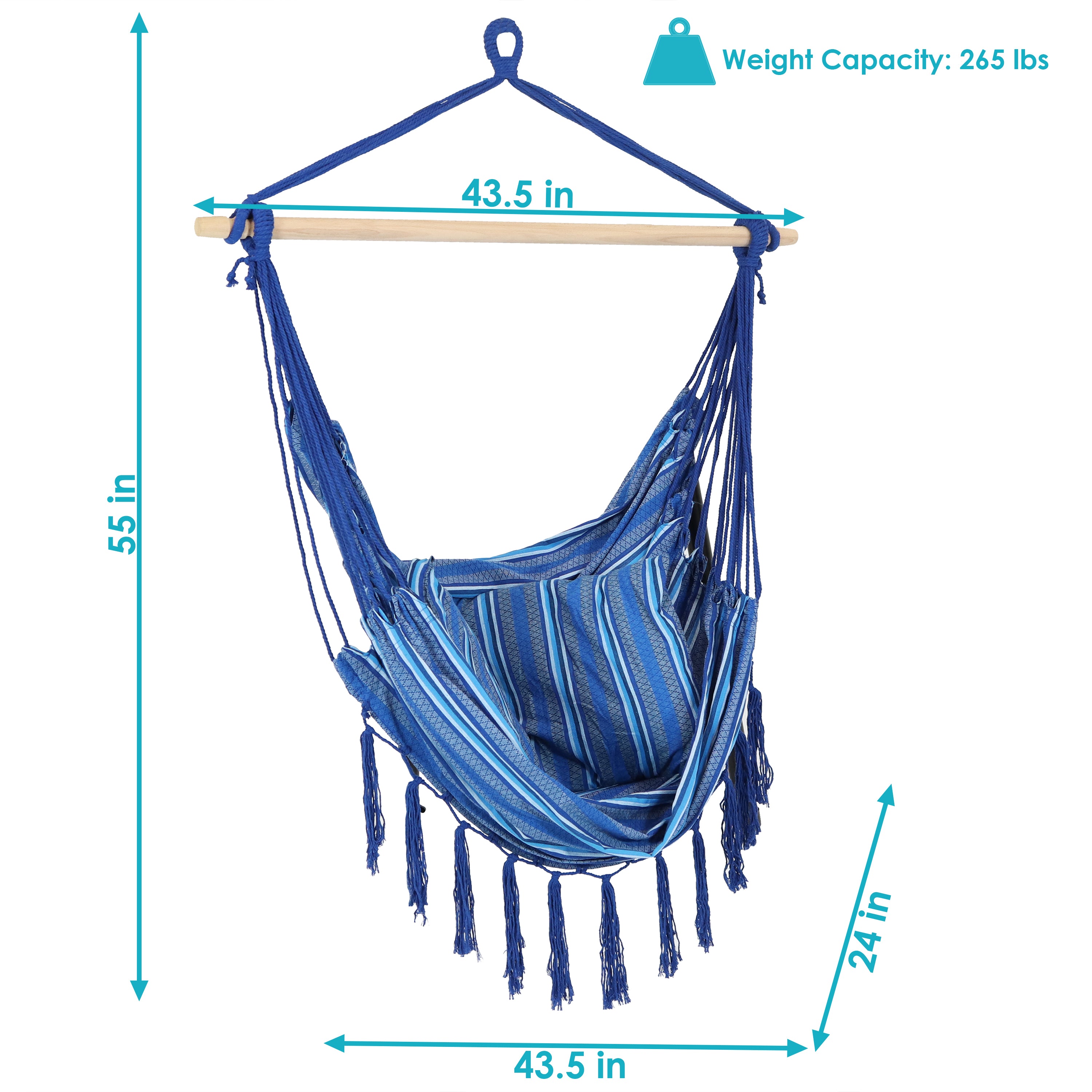Sunnydaze Cushioned Hanging Hammock Chair - Cornflower Stripes Outdoor Swing Seat for Patio, Garden, Balcony & Backyard Relaxation