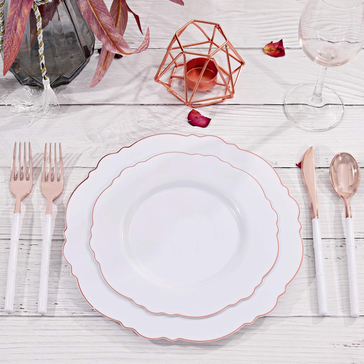 100-Pack Rose Gold Plastic Plates - Elegant Baroque White & Rose Gold Disposable Dinnerware Set (50x 10.25