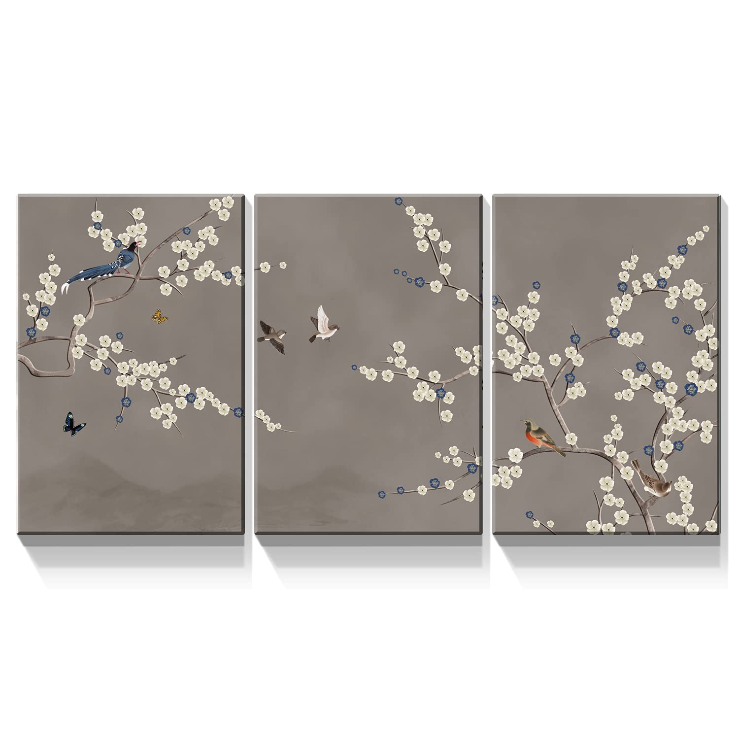 Looife 3-Piece Flower Canvas Wall Art - 16x24 Inch Birds on Plum Branch Grey Background Prints - Ready to Hang Wall Decor for Living Room, Bedroom & Office