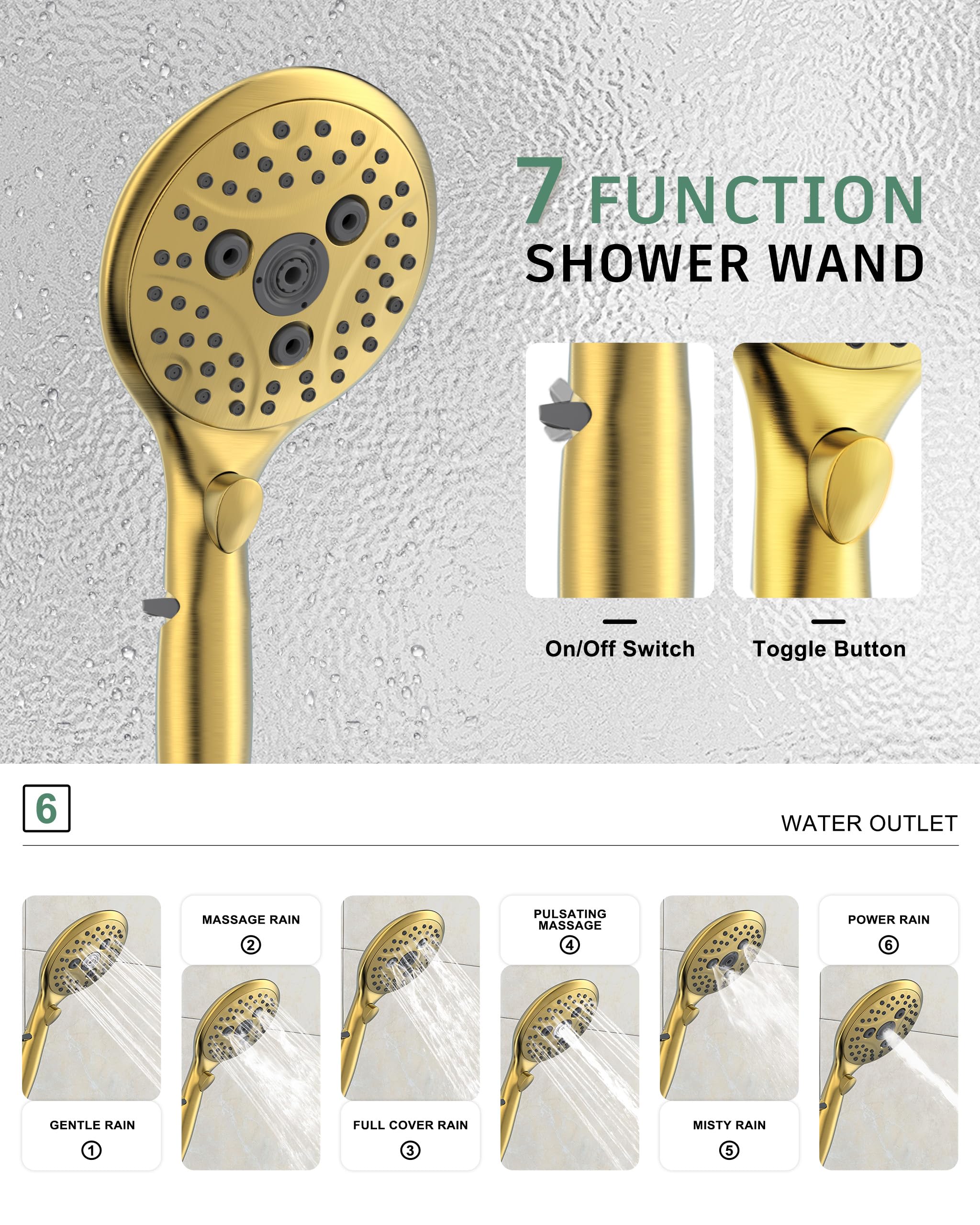 Suncleanse Gold Shower Faucet Set - 8.5 Inch Rainfall Shower Head with 7-Setting Handheld Sprayer, Rough-in Valve & Trim Kit - Complete Luxury Bathroom Shower System for Spa-like Experience