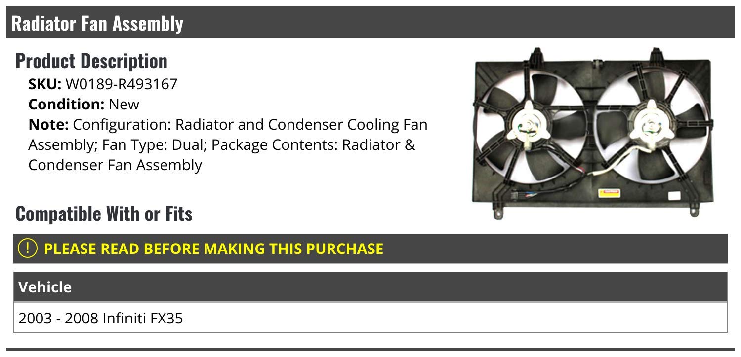 Radiator and Condenser Cooling Fan Assembly for 2003-2008 Infiniti FX35 - High Performance Cooling System Replacement Part - Perfect for Engine Overheating Prevention & AC System Maintenance
