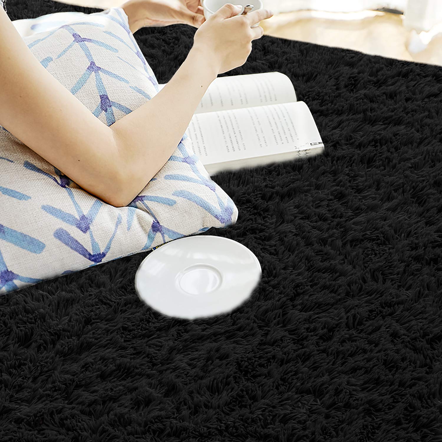 Andecor Soft Fluffy Shaggy Area Rug 8x10 Feet - Plush Bedroom Rug for Kids, Boys & Girls - Non-Slip Nursery, Dorm, Living Room Carpet - Cozy Home Decor Floor Mat (Black) - Perfect for Playrooms, Bedside & Lounge Areas