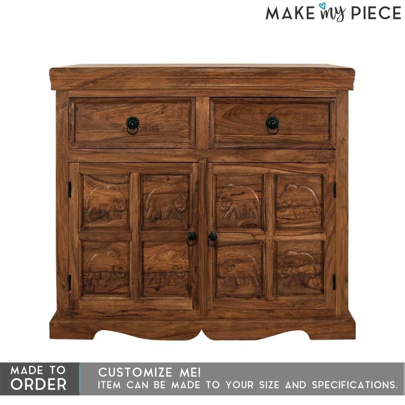 Elephant Design Indian Solid Timber Sideboard - Handcrafted Wooden Buffet Cabinet for Dining Room & Living Room Storage