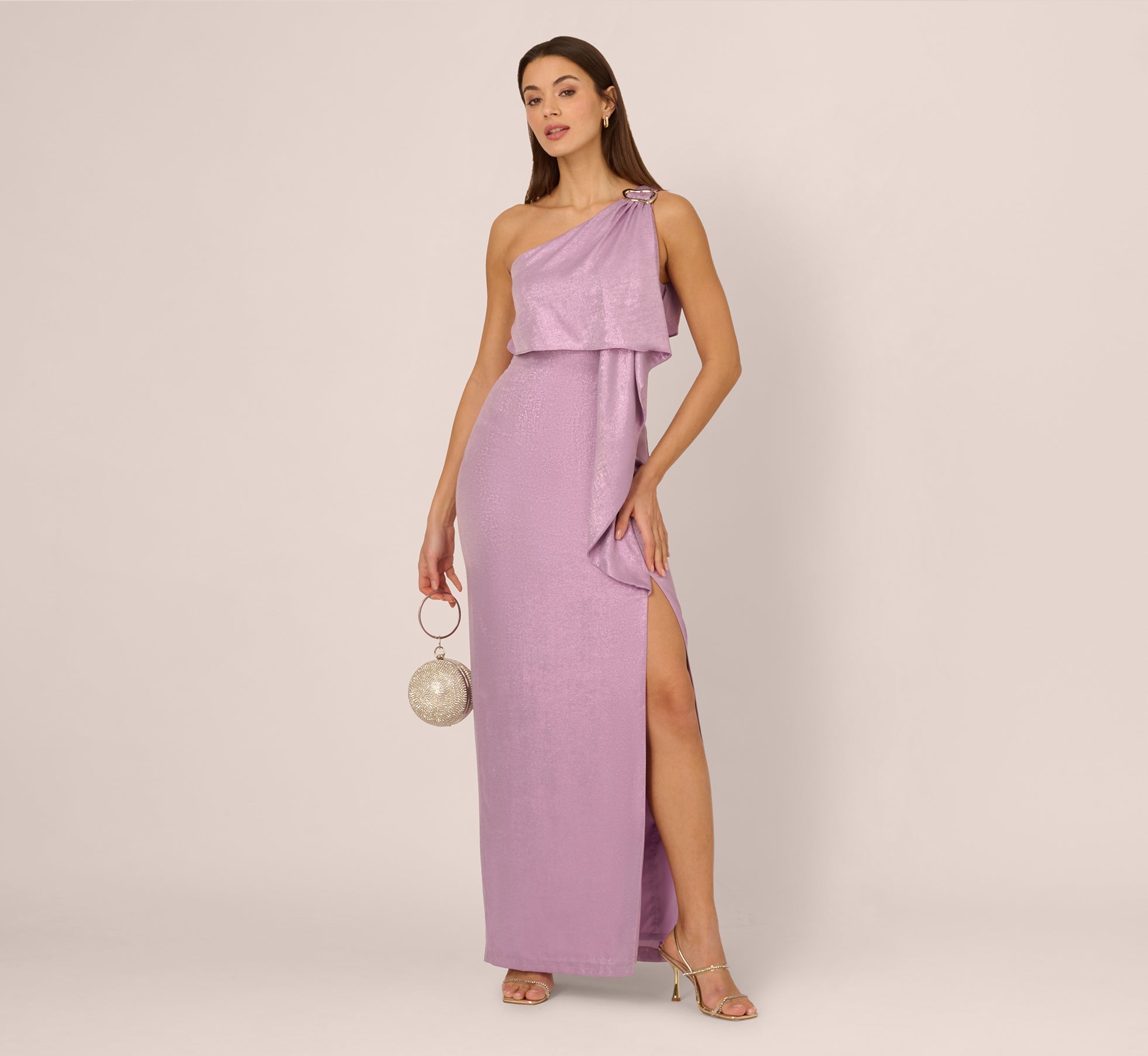 Elegant One Shoulder Foil Draped Popover Evening Gown in Light Purple - Perfect for Prom, Wedding Guest & Formal Events