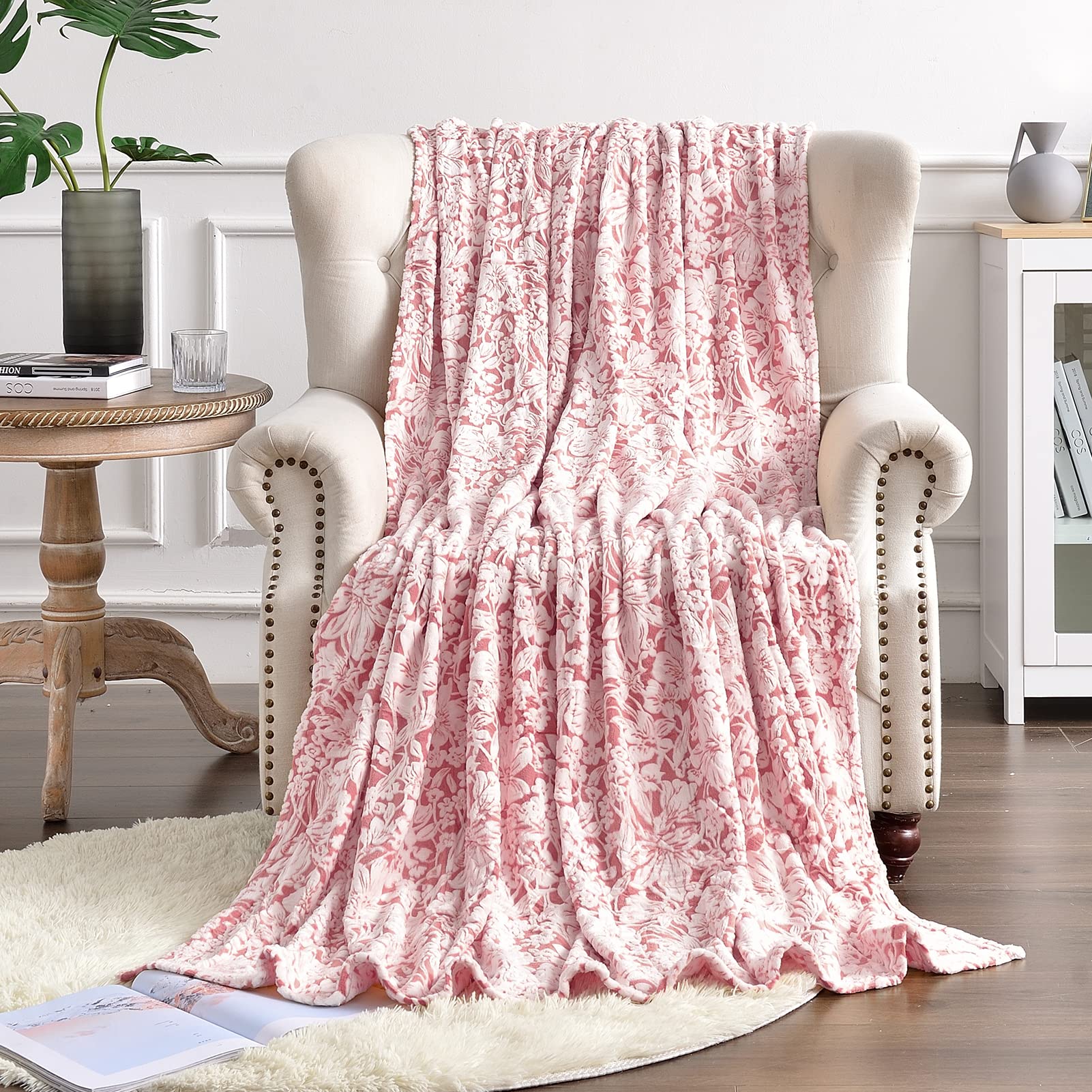 FY FIBER HOUSE Flannel Fleece Throw Blanket - Ultra Soft Lightweight Microfiber Blanket with Floral Print, 90