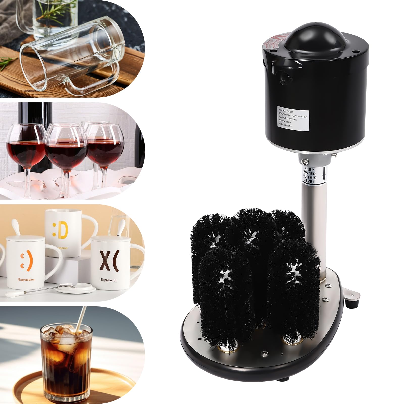 Commercial Glass Washer Machine - 5 Brush Stainless Steel Electric Wine Glass Cleaner for Bars, Cafes & Restaurants | Automatic Cup Washing System for Winery, Pub, Hotel & Kitchen Use (Black)