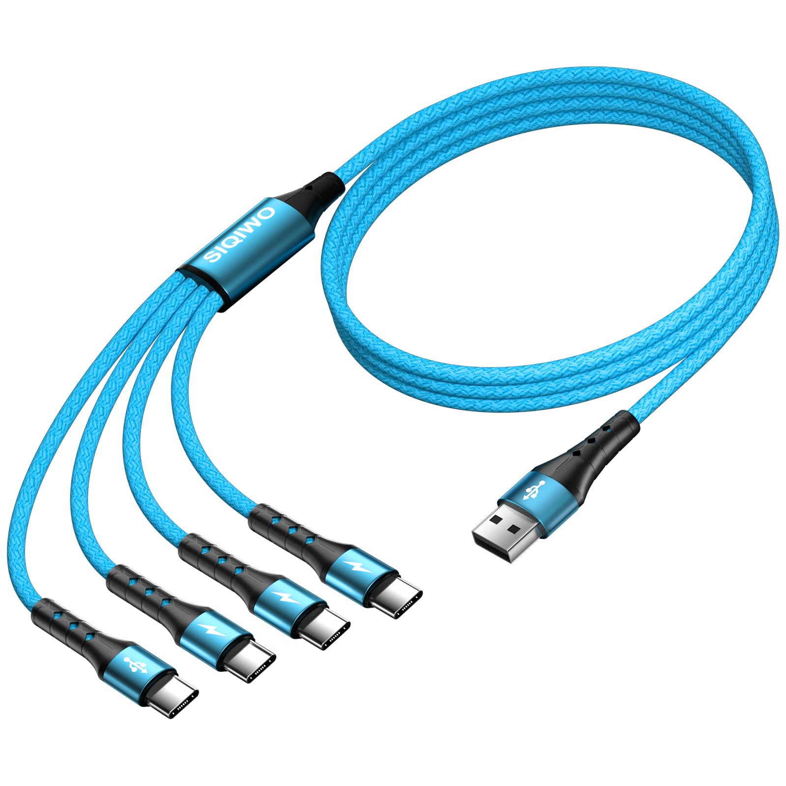 SIQIWO 4-in-1 Multi USB C Fast Charging Cable [2 Pack, 4FT] - QC 3.0 (3A) USB C Splitter with 4 Type C Ports - Compatible with iPhone 16/15 Series, iPad Air/Pro, Samsung Galaxy S24/S23, Google Pixel, PS5 - Perfect for Home, Office & Travel Charging Multiple Devices Simultaneously