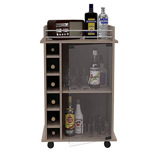 TUHOME Bar Cart with Wheels - Glass Door Liquor Cabinet with 2 Shelves & 6 Cubbies for Wine, Whiskey & Spirits Storage - Mobile Home Bar Furniture for Living Room, Dining Room or Kitchen - Light Gray
