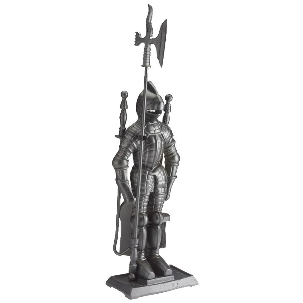Dark Knight Fireplace Tool Set - Heavy Duty Black Cast Iron Fireplace Accessories for Home & Outdoor Use | Fireplace Poker, Shovel, Brush & Stand | Rust-Resistant & Durable for Fireplace Maintenance