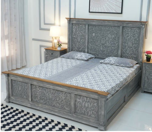 Hand Carved Indian Wooden King Size Storage Bed with Grey Whitewash Finish - Perfect for Master Bedroom, Guest Room, and Rustic Home Decor