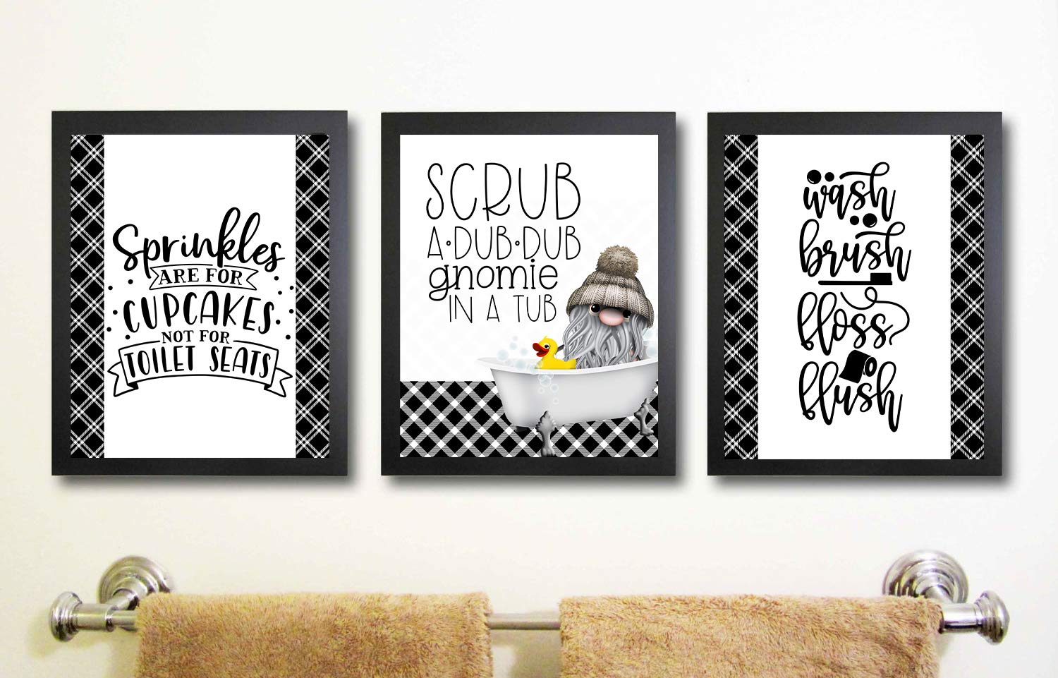 Gnome Bathroom Art Print Set - Scrub Dub Black White - Home Decor for Bath & Living Room