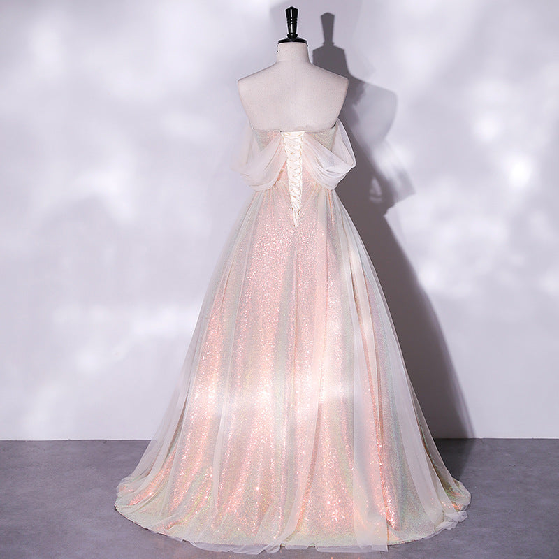 Elegant Off Shoulder Gold & Pink Shiny Prom Dress - A-Line Princess Party Gown for Homecoming, Sweet 16, Formal Events & Special Occasions