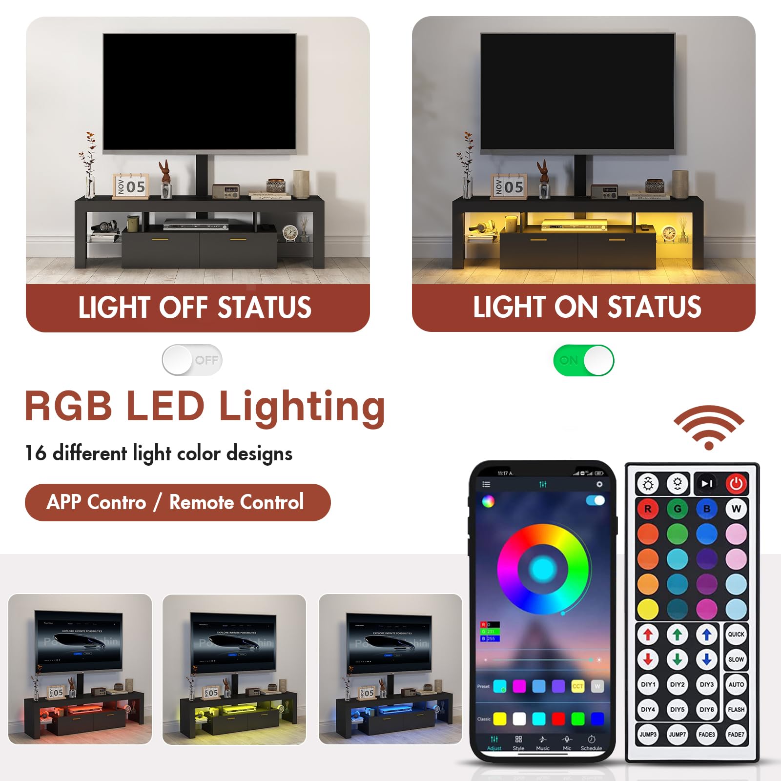 Modern TV Stand with Mount - TV Console with 2 AC Outlets & RGB LED Lights for 80 Inch TVs - Double Cabinet Storage - 40° Adjustable TV Mount - Pure Black - Perfect for Living Room, Bedroom & Home Theater Setup