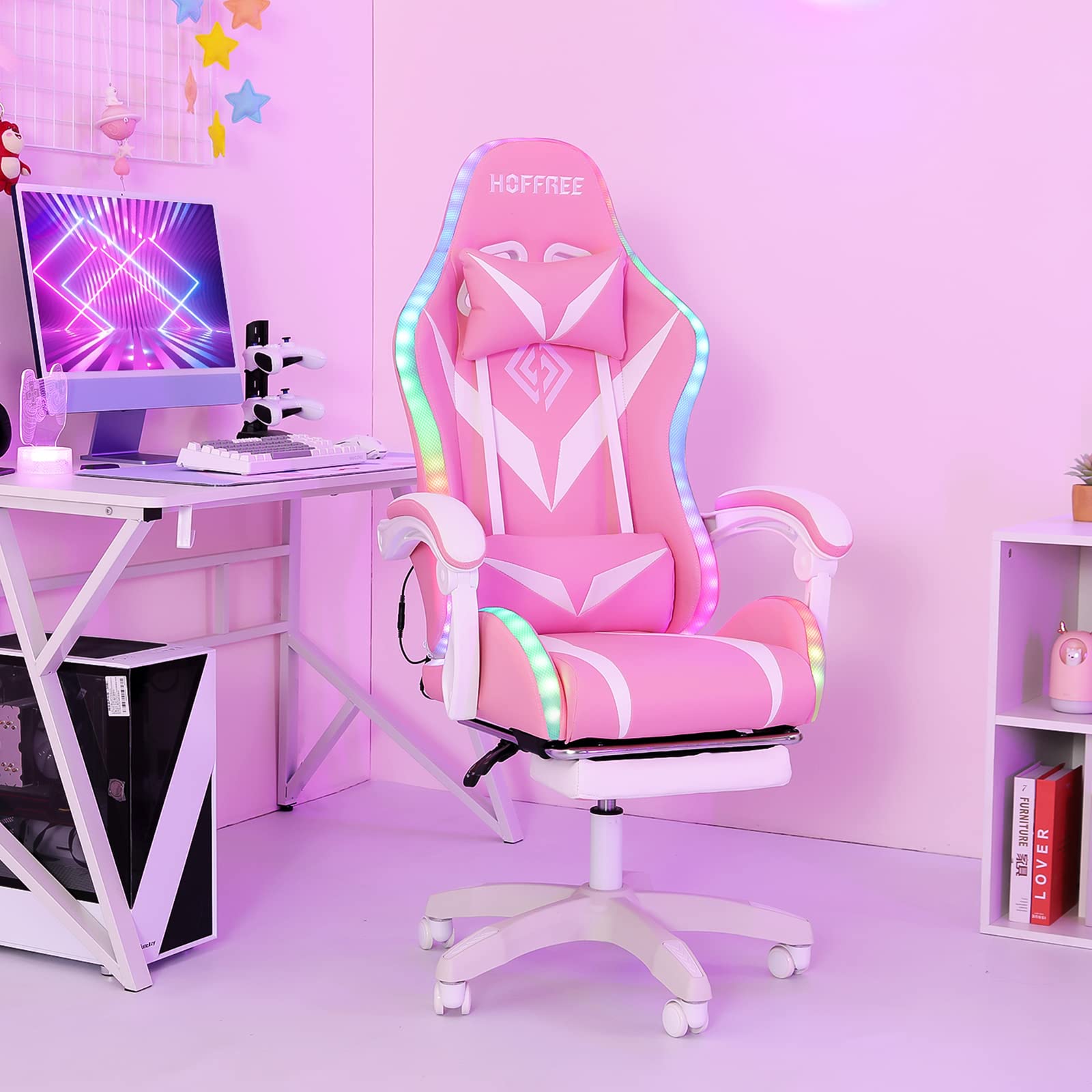 Pink Ergonomic Gaming Chair with Bluetooth Speakers, RGB LED Lights, Massage & Footrest - High Back Lumbar Support for PC, Video Game & Office Use - Perfect for Streaming, Esports & Home Gaming Setup