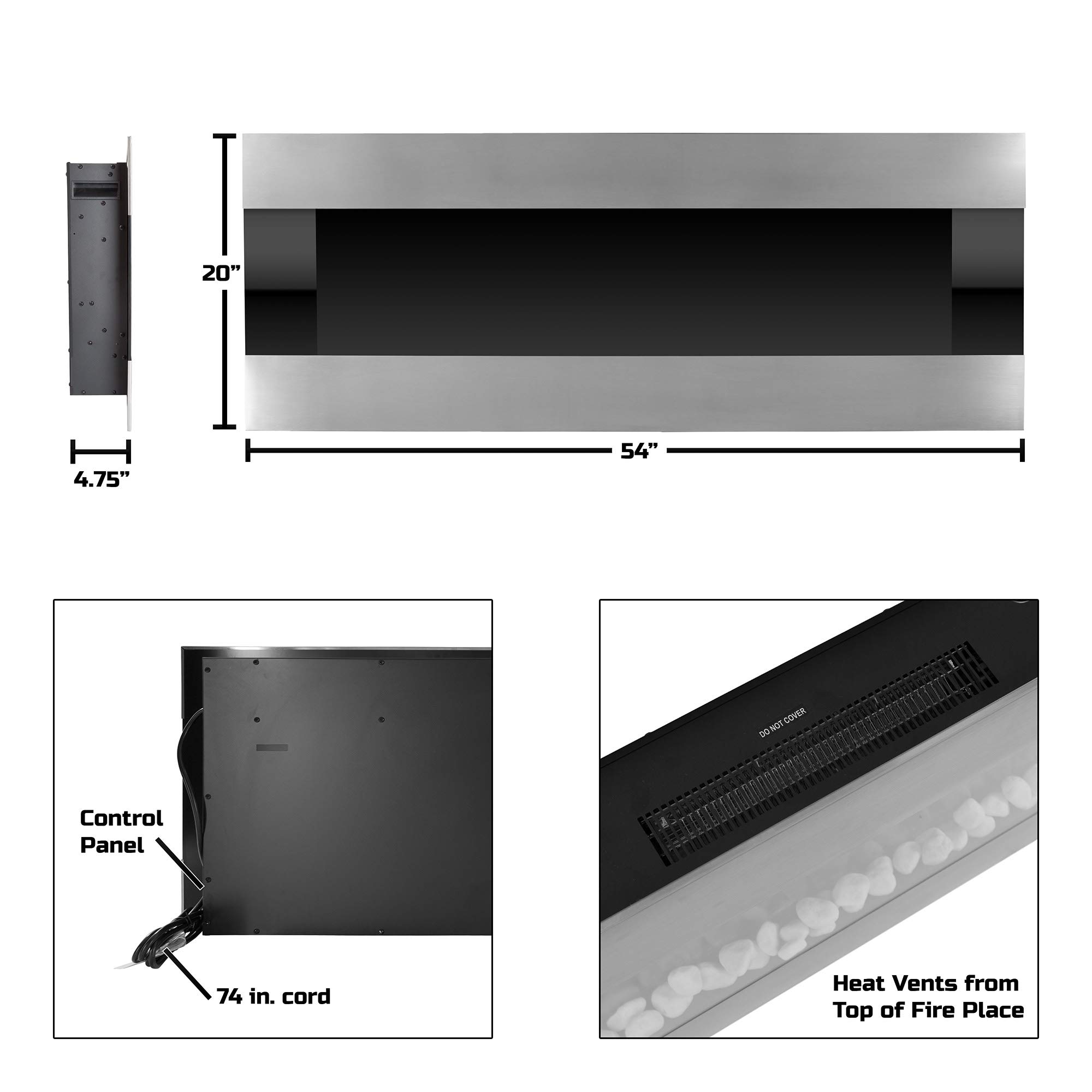 54 Inch Wall Mounted Electric Fireplace Heater - Adjustable LED Flame Colors, Remote Control, Timer & Thermostat - Perfect for Living Room, Bedroom & Office (Silver)
