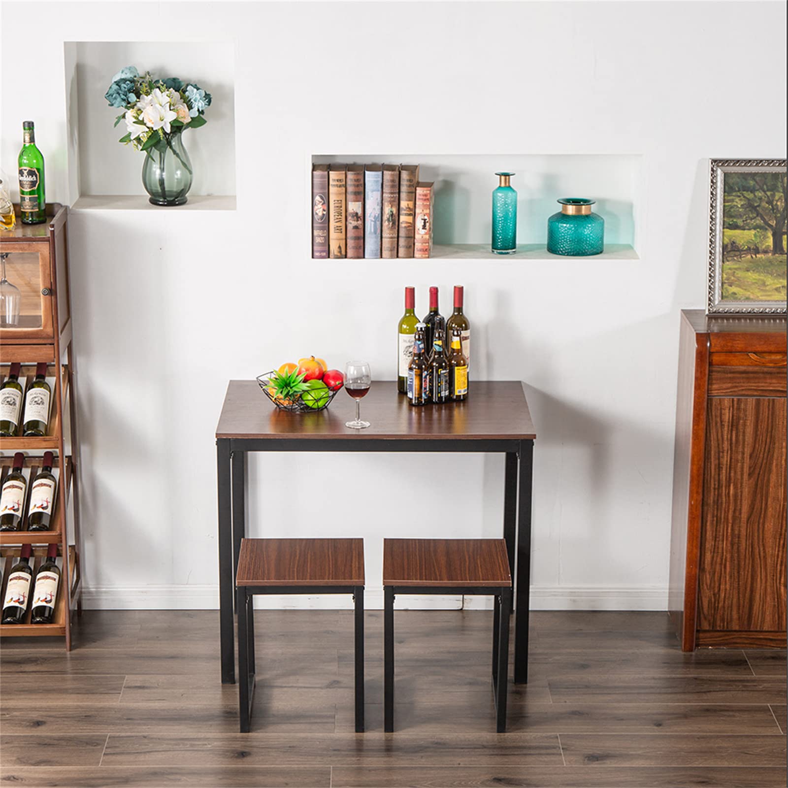 Modern 3-Piece Bar Table Set with Wood Grain Tabletop & Black Metal Frame - Kitchen, Cafe & Pub Height Dining Set (Walnut) | Perfect for Small Spaces, Breakfast Nooks & Coffee Shops