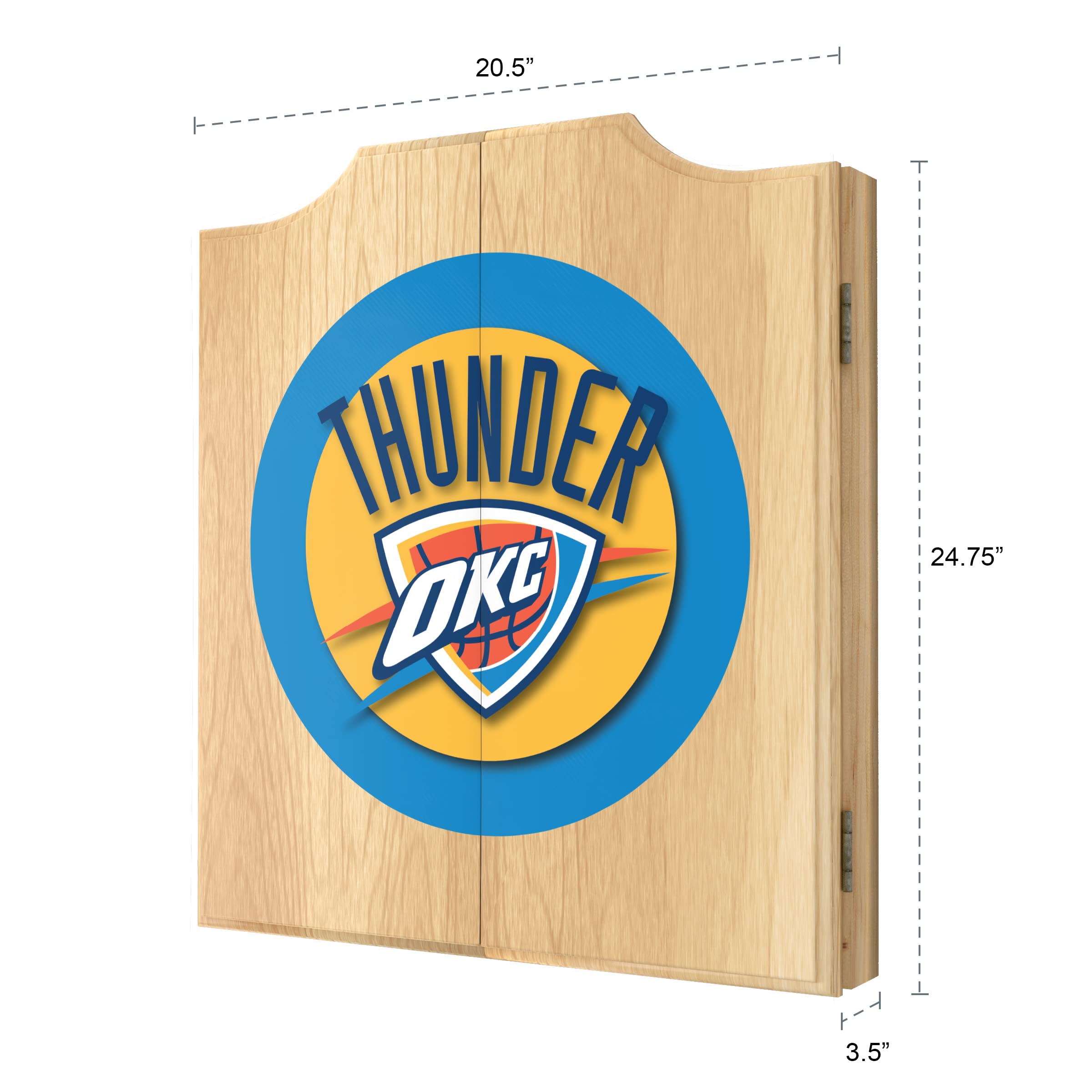 Oklahoma City Thunder Logo Dartboard Cabinet Set with 6 Steel Tip Darts, Scoreboard & Wooden Hanging Cabinet - Perfect for Game Rooms, Bars & Man Caves