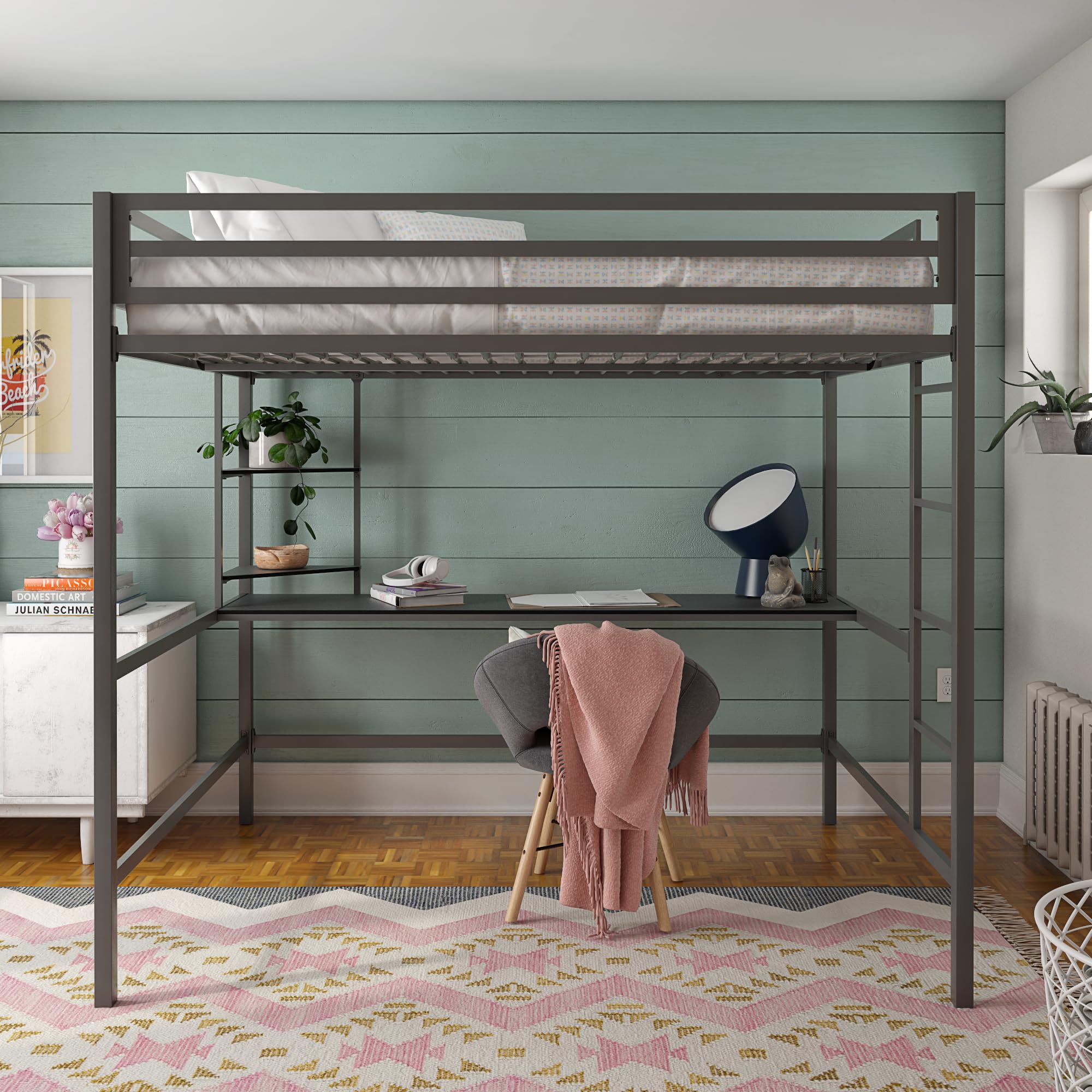 Novogratz Maxwell Metal Full Loft Bed with Built-in Desk & Shelves - Space Saving Gray/Black Bed Frame for Small Rooms, Dorms & Apartments