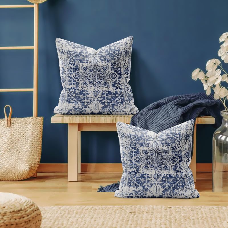 Boho Pillow Covers 20x20 Set of 2 - Blue Decorative Linen Cushion Covers for Couch, Bed, Sofa - Bohemian Style Home Decor - Perfect for Living Room, Bedroom & Outdoor Use