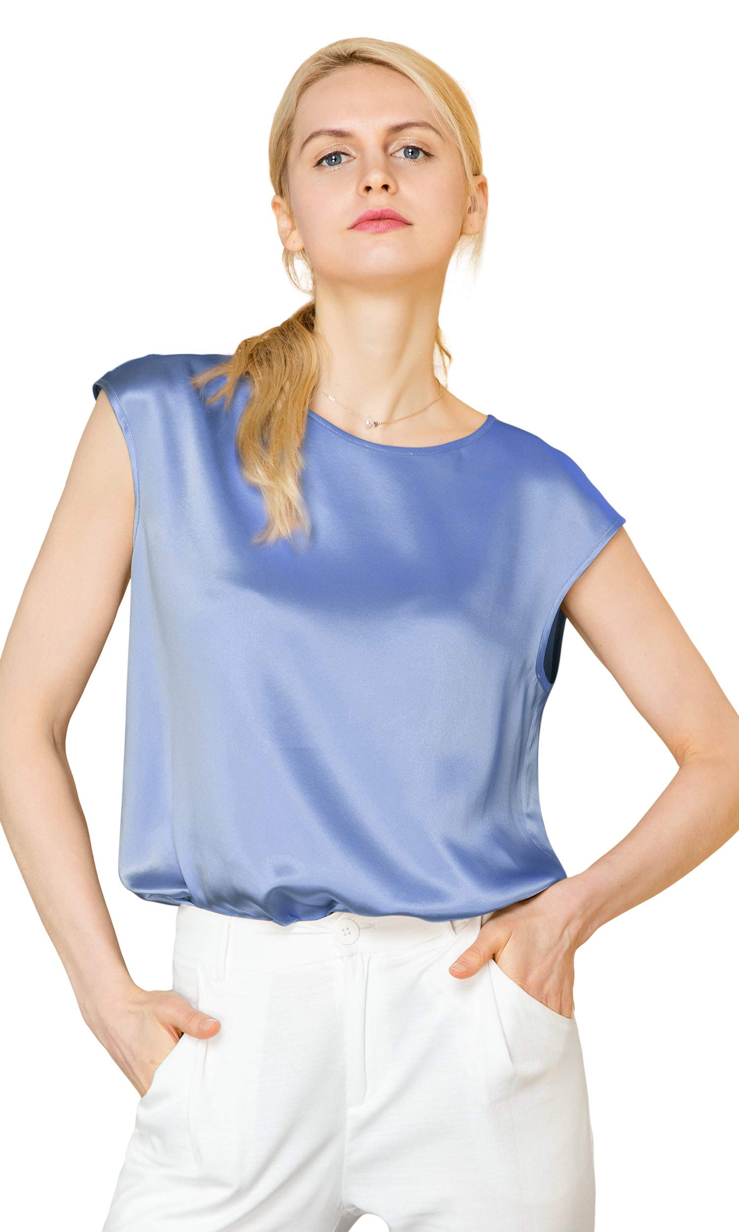 LilySilk Women's Short Sleeve Silk Blouse - Summer Charmeuse Top for Ladies | Breathable & Comfortable Silk Shirt for Work, Travel & Casual Wear
