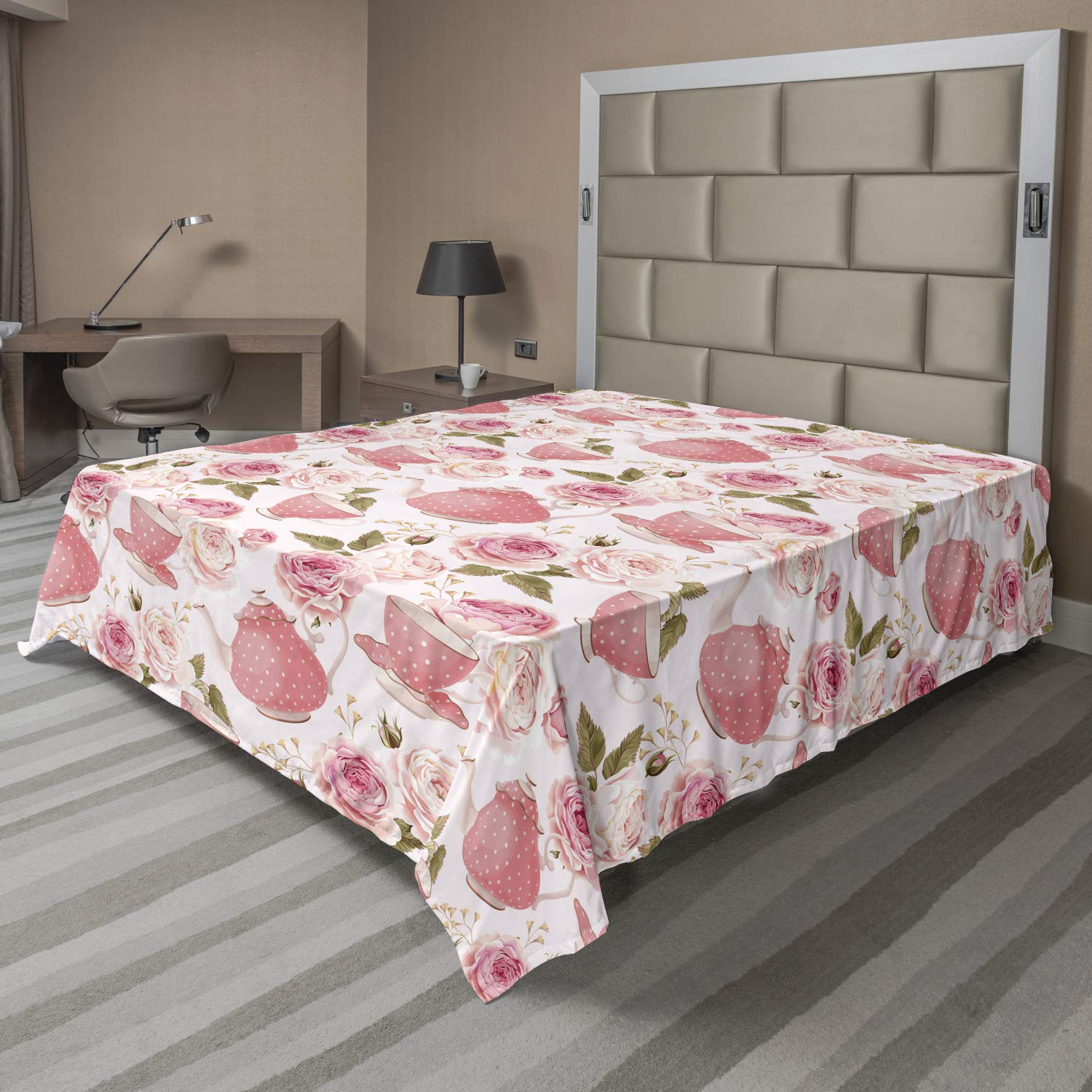 Ambesonne Vintage Floral Flat Sheet - Romantic Roses & Tea Cups Shabby Chic Design, Soft Decorative Bedding for California King Size Beds (Fern Green & Pale Pink) | Perfect for Guest Rooms, Master Bedrooms & Boho Home Decor