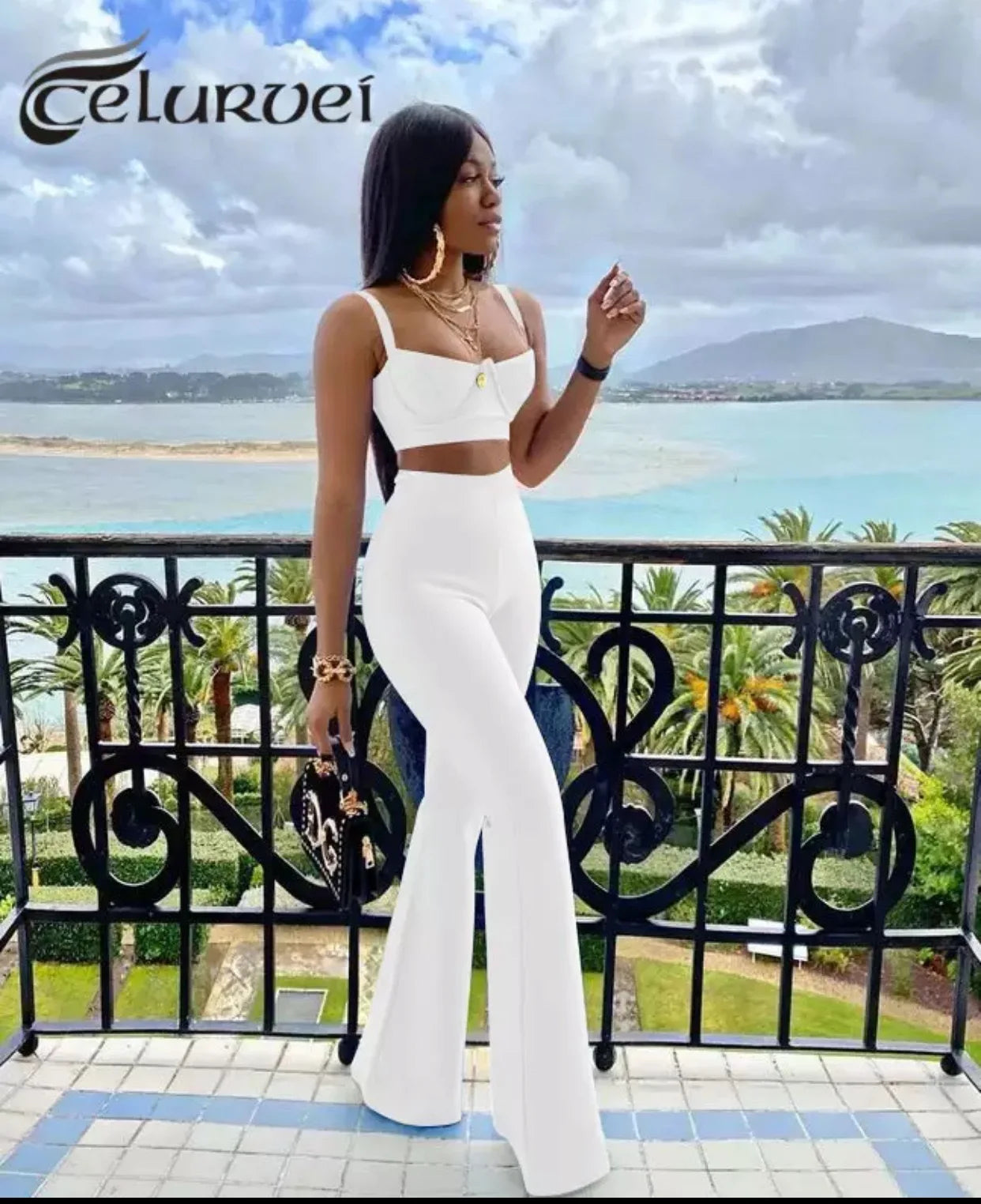 2024 Summer Fashion Women's Sexy Bandage Two-Piece Set - Tight Crop Top & High Waist Flared Pants Outfit for Club, Party, and Night Out
